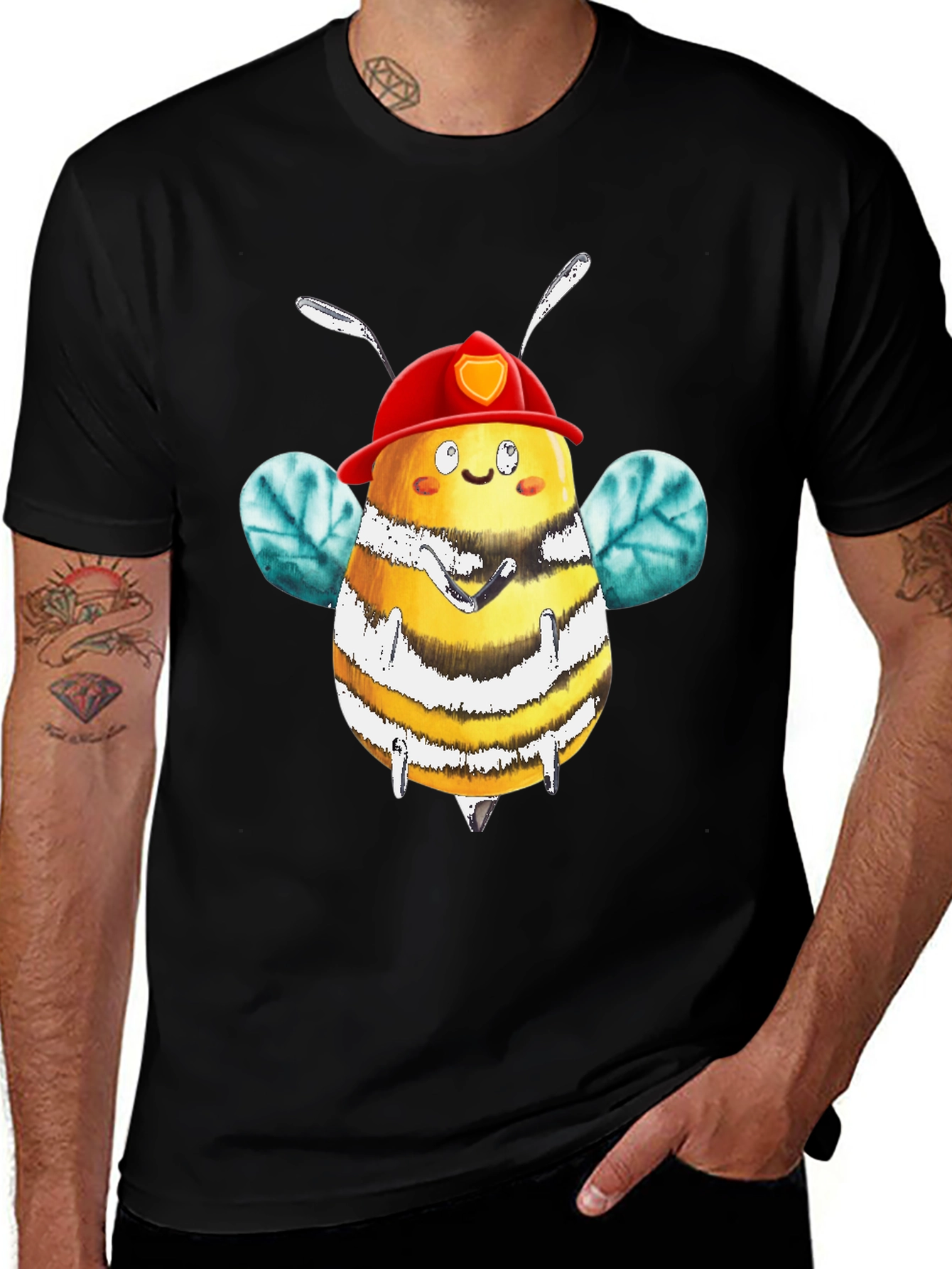 Variant 3 of Firefighter Bee Graphic Tee - Black Cotton Shirt