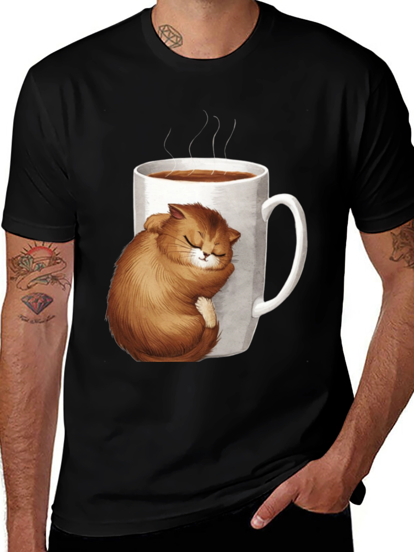 Variant 27 of Cute Cat in Coffee Cup Black T-Shirt