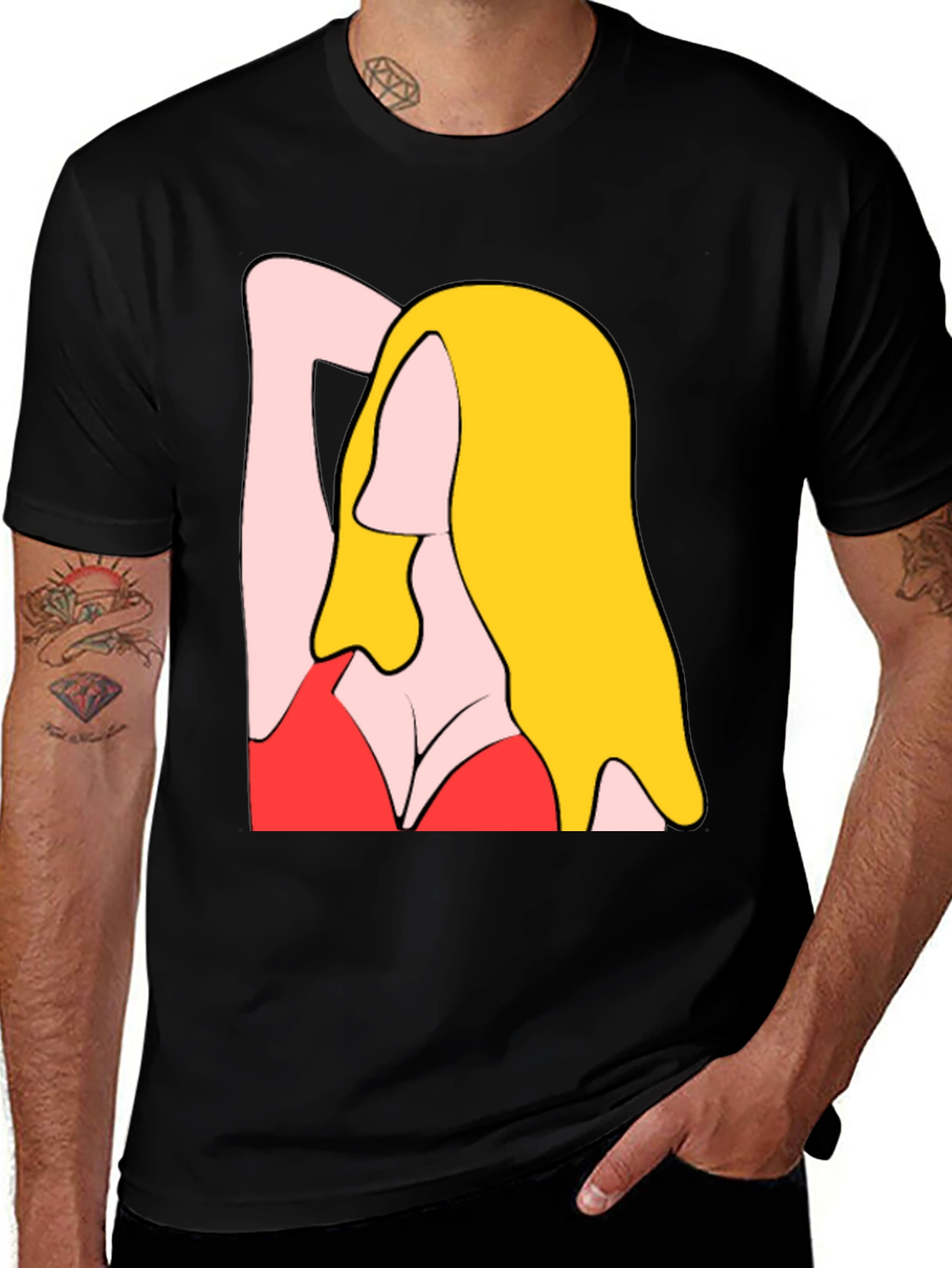 Variant 27 of Cartoon Woman Graphic Tee - Black Cotton T-Shirt