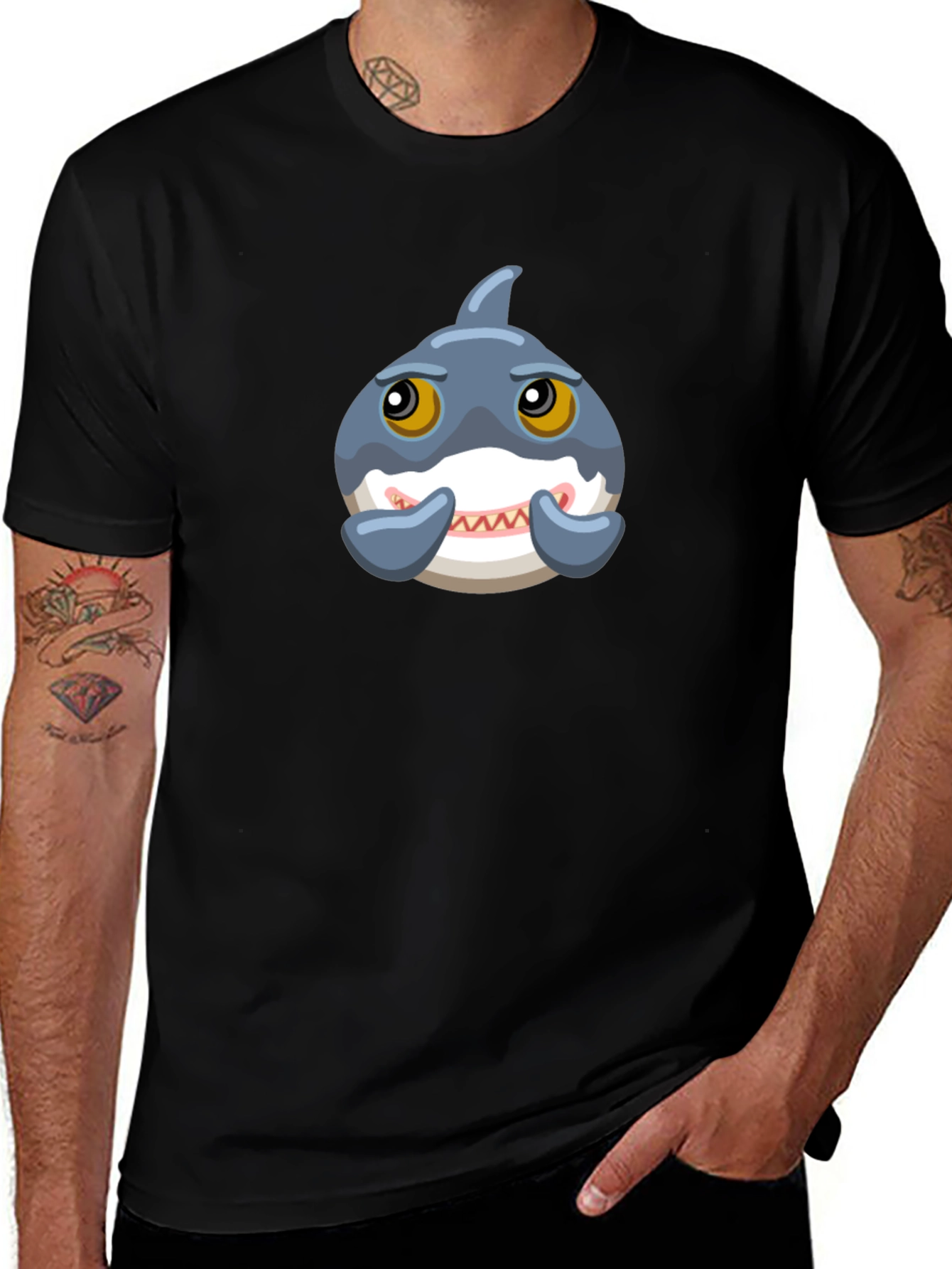 Cute Cartoon Shark Graphic Tee - Black
