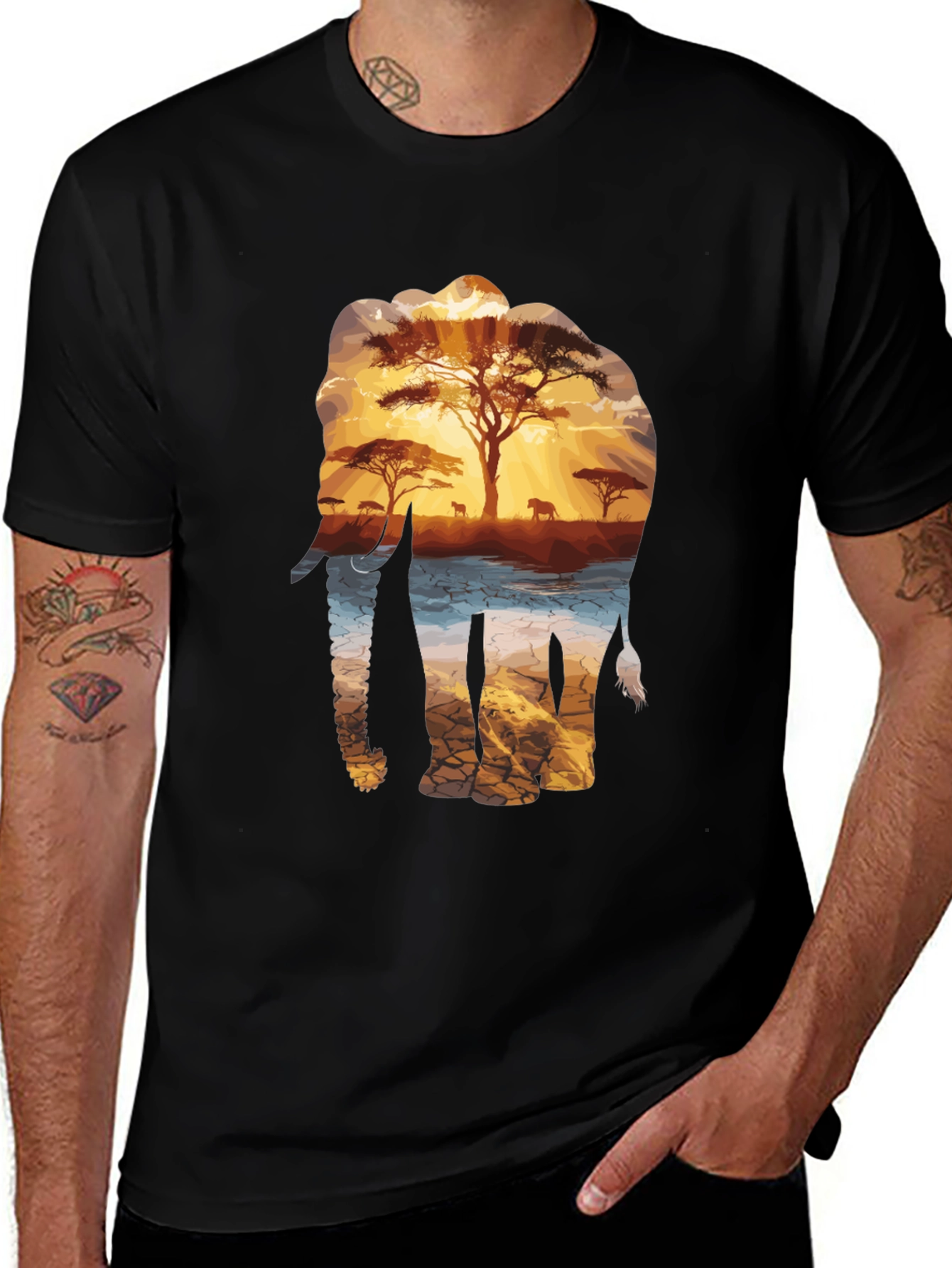 Variant 5 of Elephant Sunset Graphic Tee - Nature Inspired Black T-Shirt