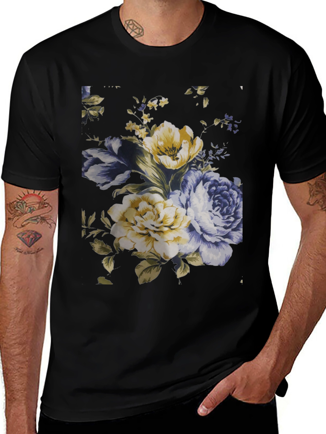 Variant 23 of Floral Print Men's Black T-Shirt