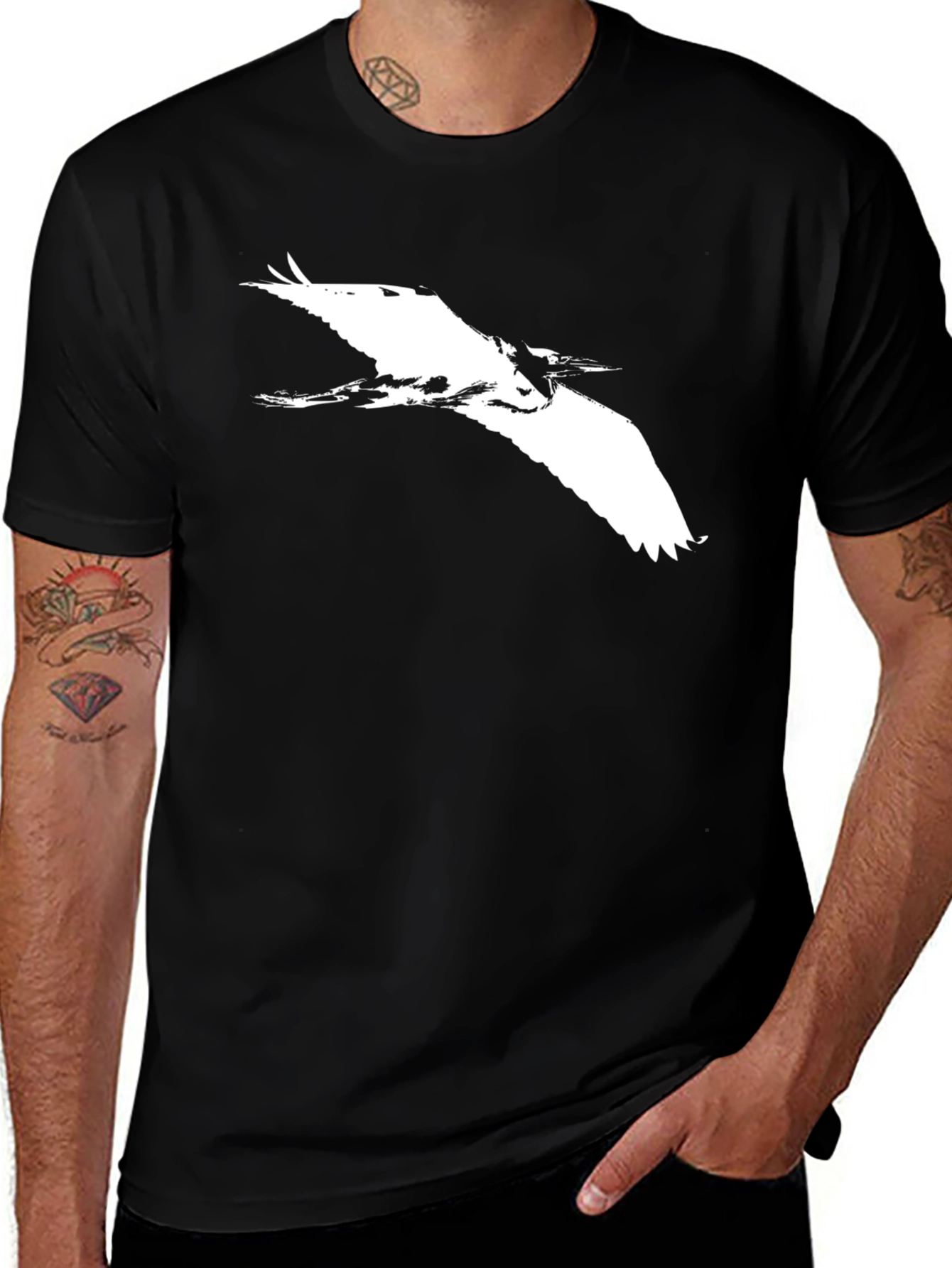 Black T-Shirt with White Heron Graphic