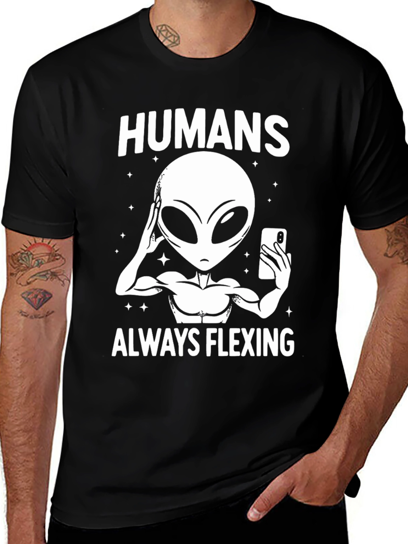 Variant 25 of Humans Always Flexing Alien Graphic T-Shirt