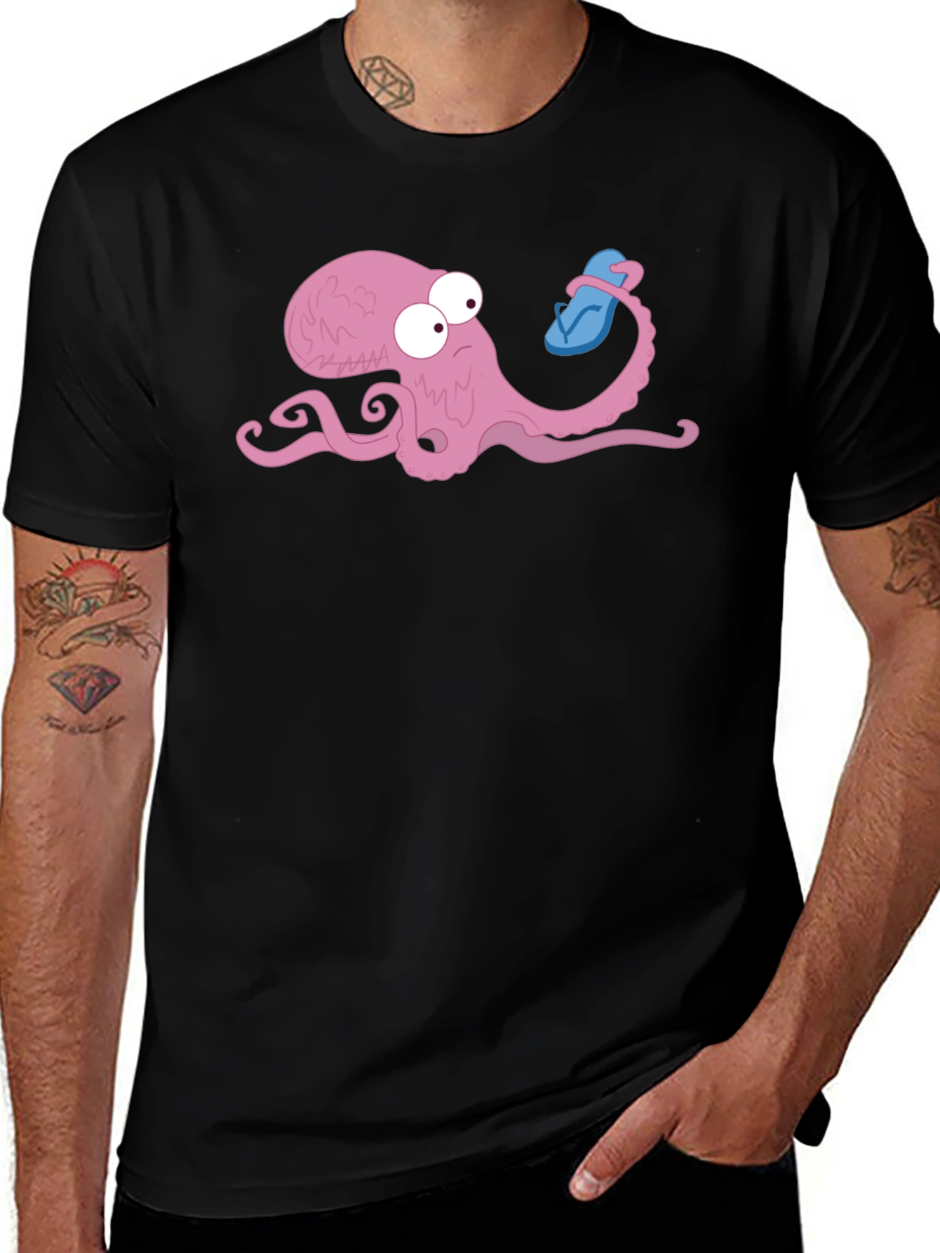 Variant 9 of Octopus with Flip Flop Graphic Tee - Black Cotton