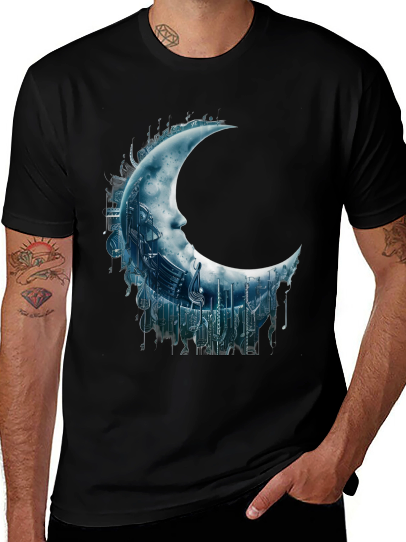 Variant 17 of Crescent Moon Music Note Graphic Tee - Black