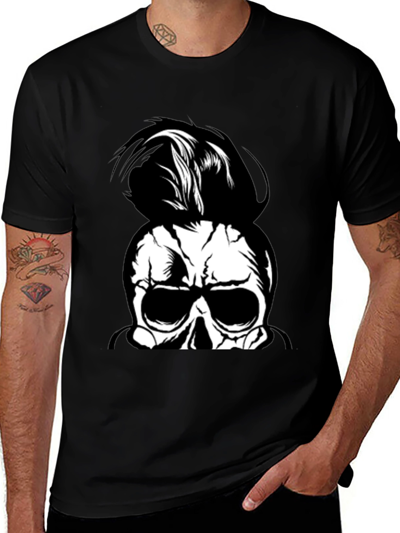 Variant 19 of Skull Man Bun Graphic Tee - Black Cotton