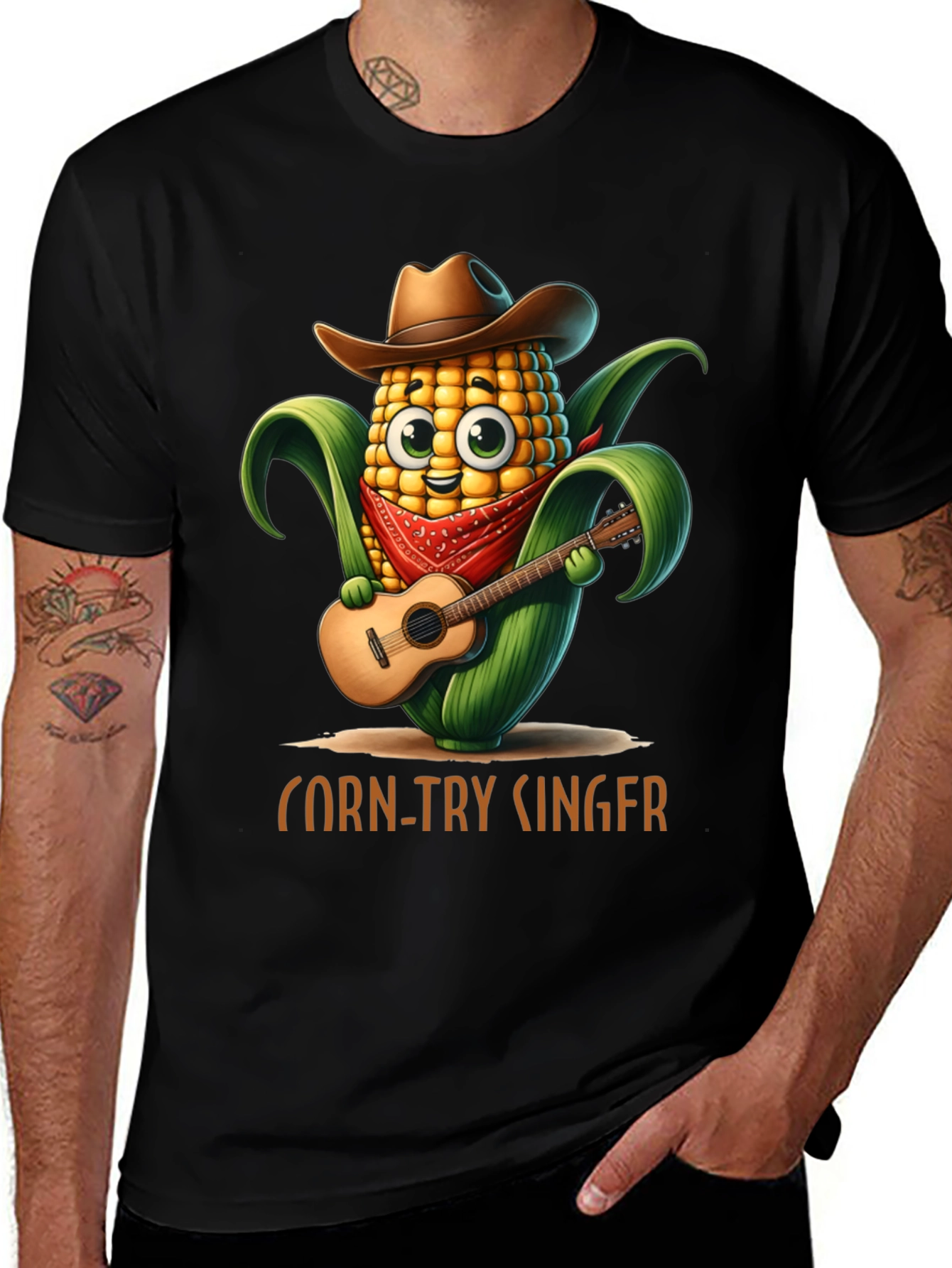 Variant 4 of Corn-Try Singer T-Shirt: Cowboy Corn Playing Guitar