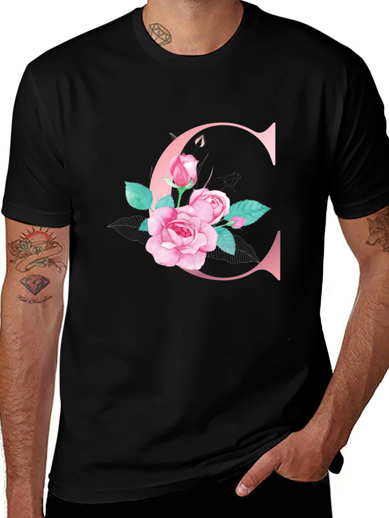 Variant 19 of Floral Initial "C" Black T-Shirt