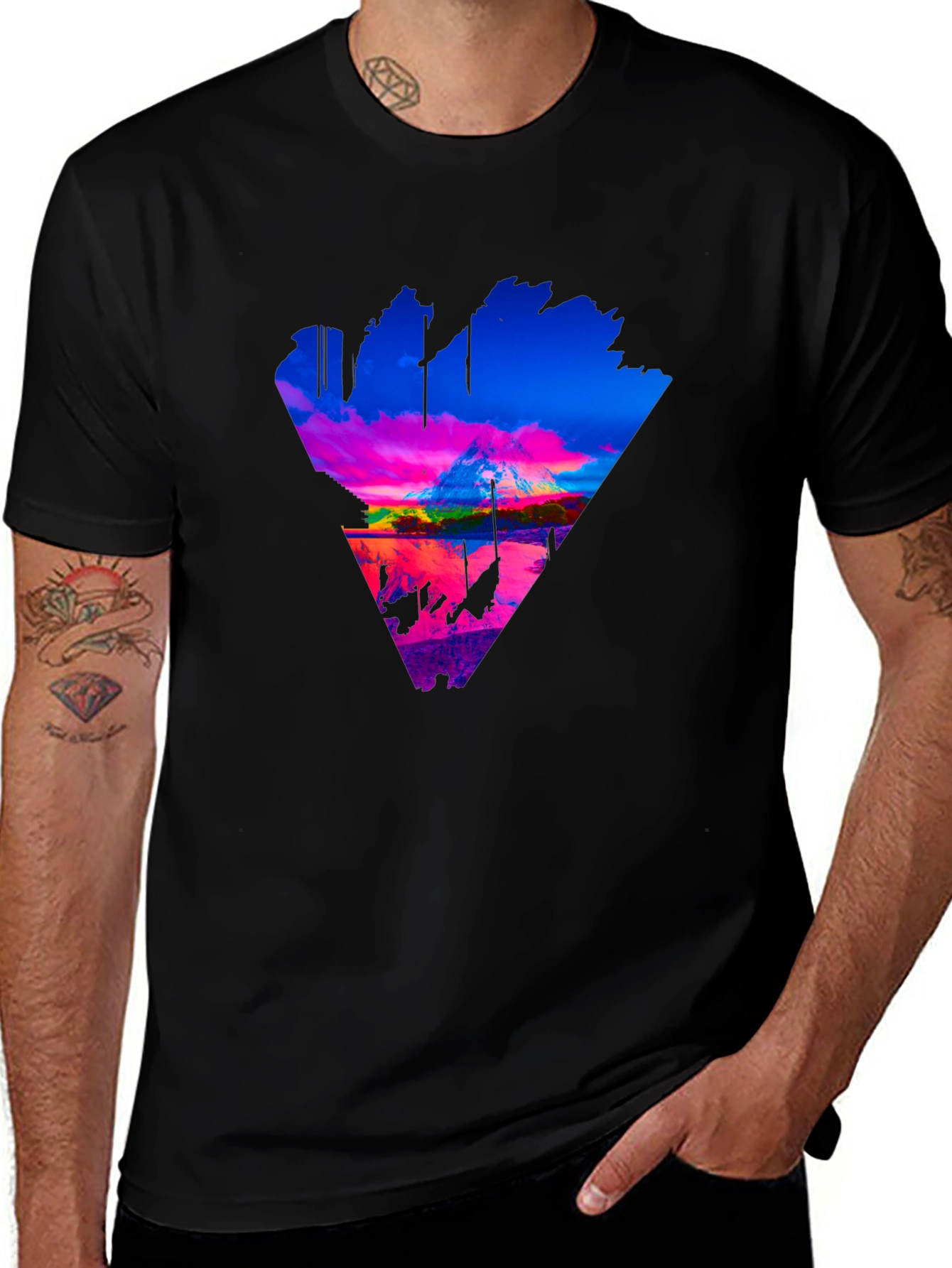 Variant 7 of Vaporwave Mountain Triangle Graphic Tee - Black