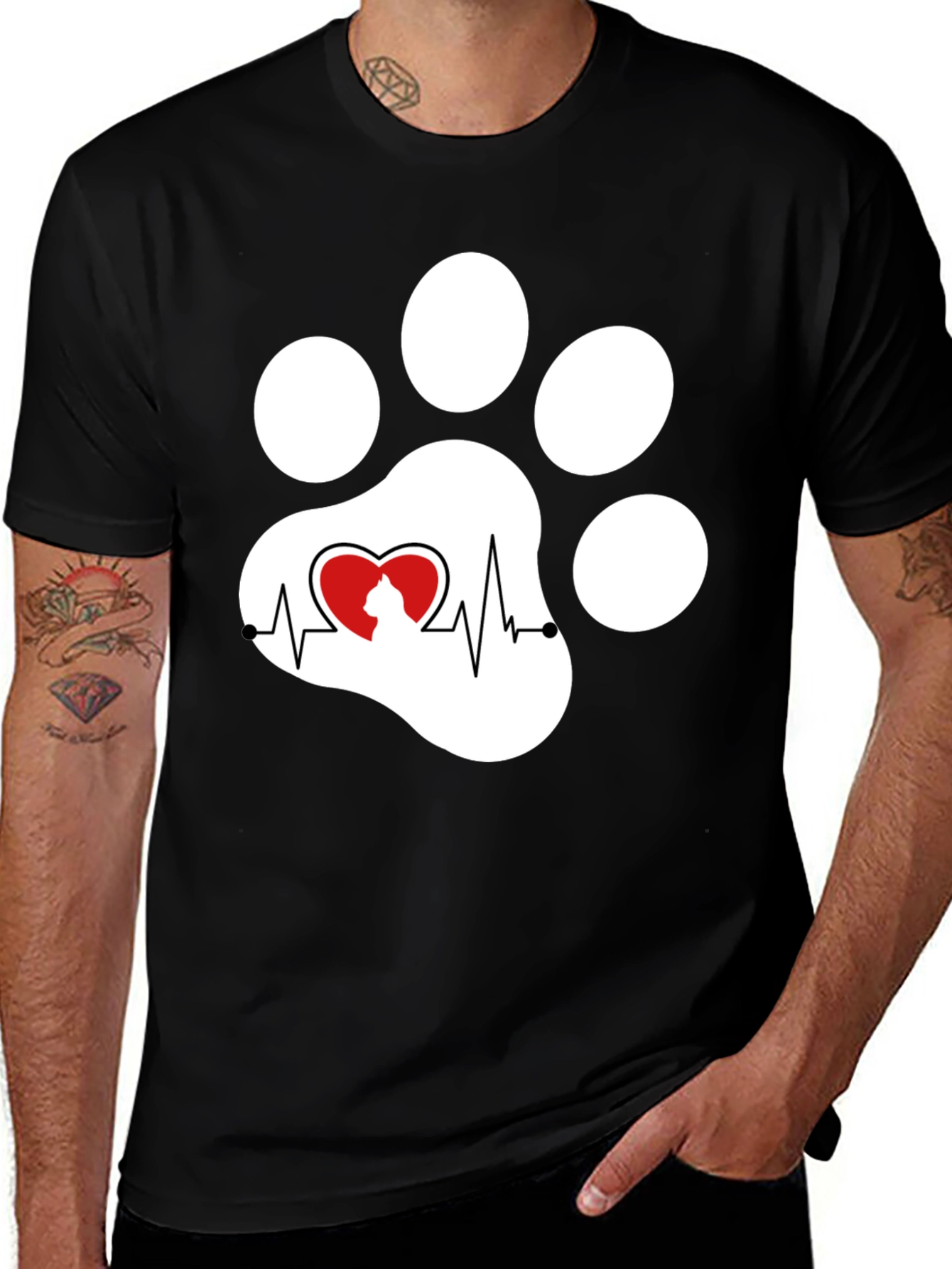 Black Black Cat Paw Heartbeat T-Shirt main image