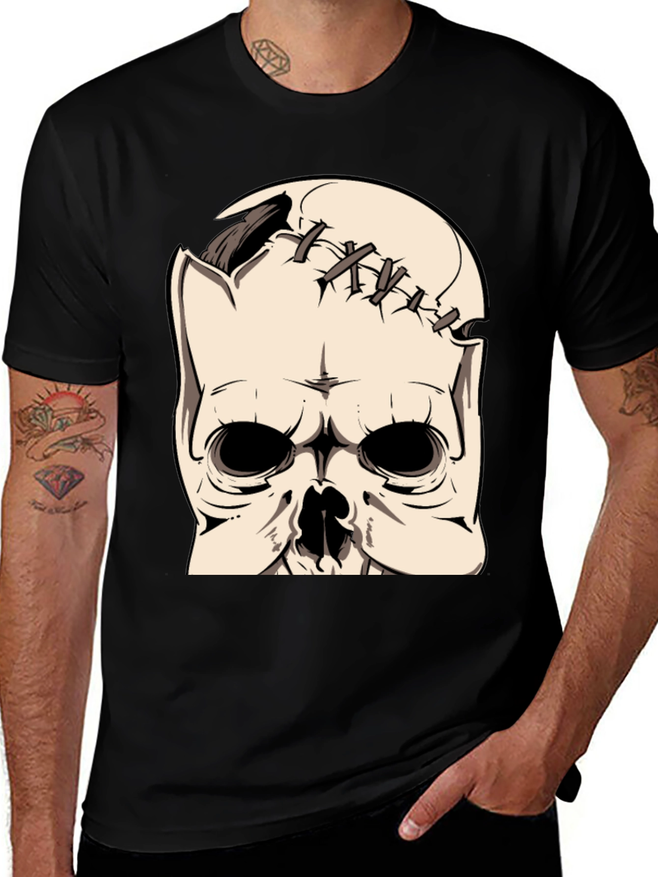 Variant 29 of Frankenstein Skull Graphic Tee - Black