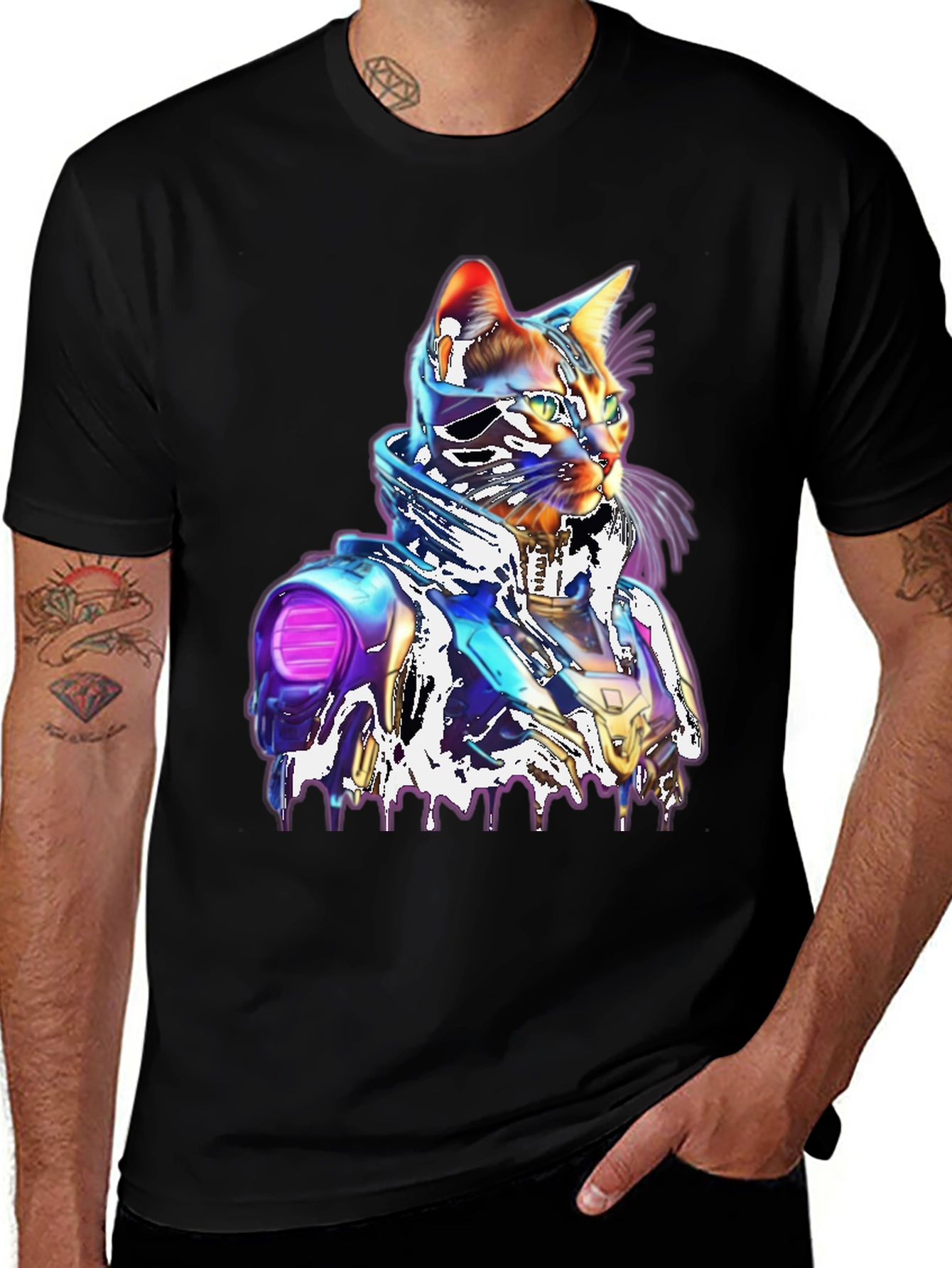 Black Cyberpunk Cat T-Shirt - Unique Futuristic Style main image