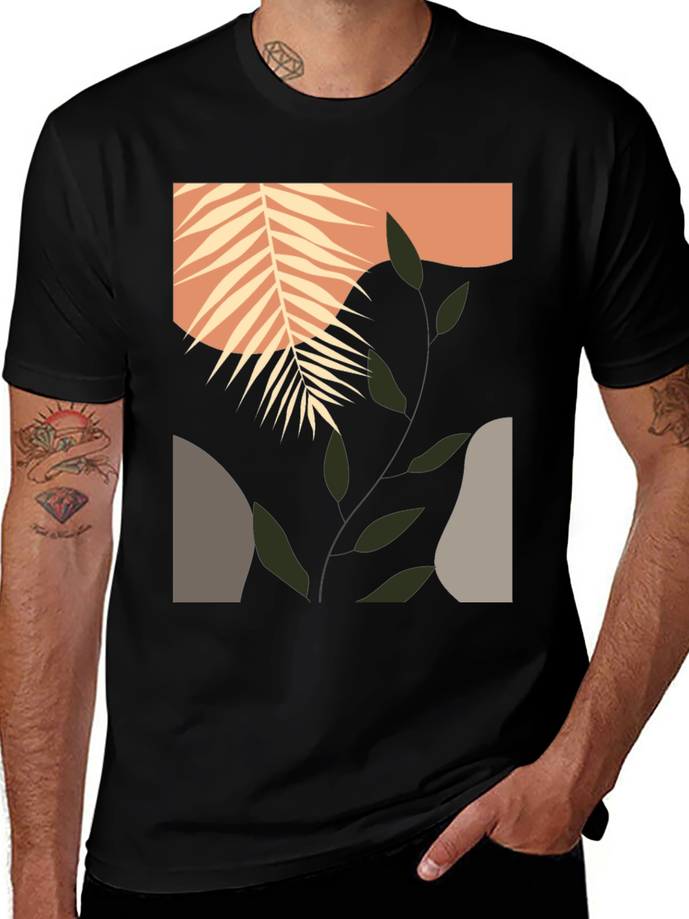 Modern Abstract Leaf Graphic Black T-Shirt