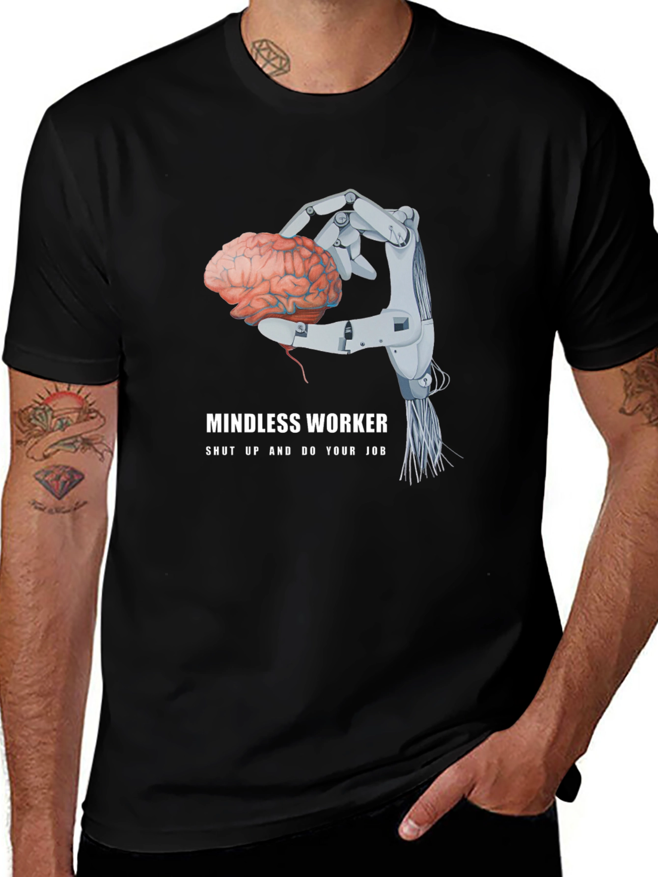 Variant 21 of Mindless Worker Robot Hand Brain Graphic Tee