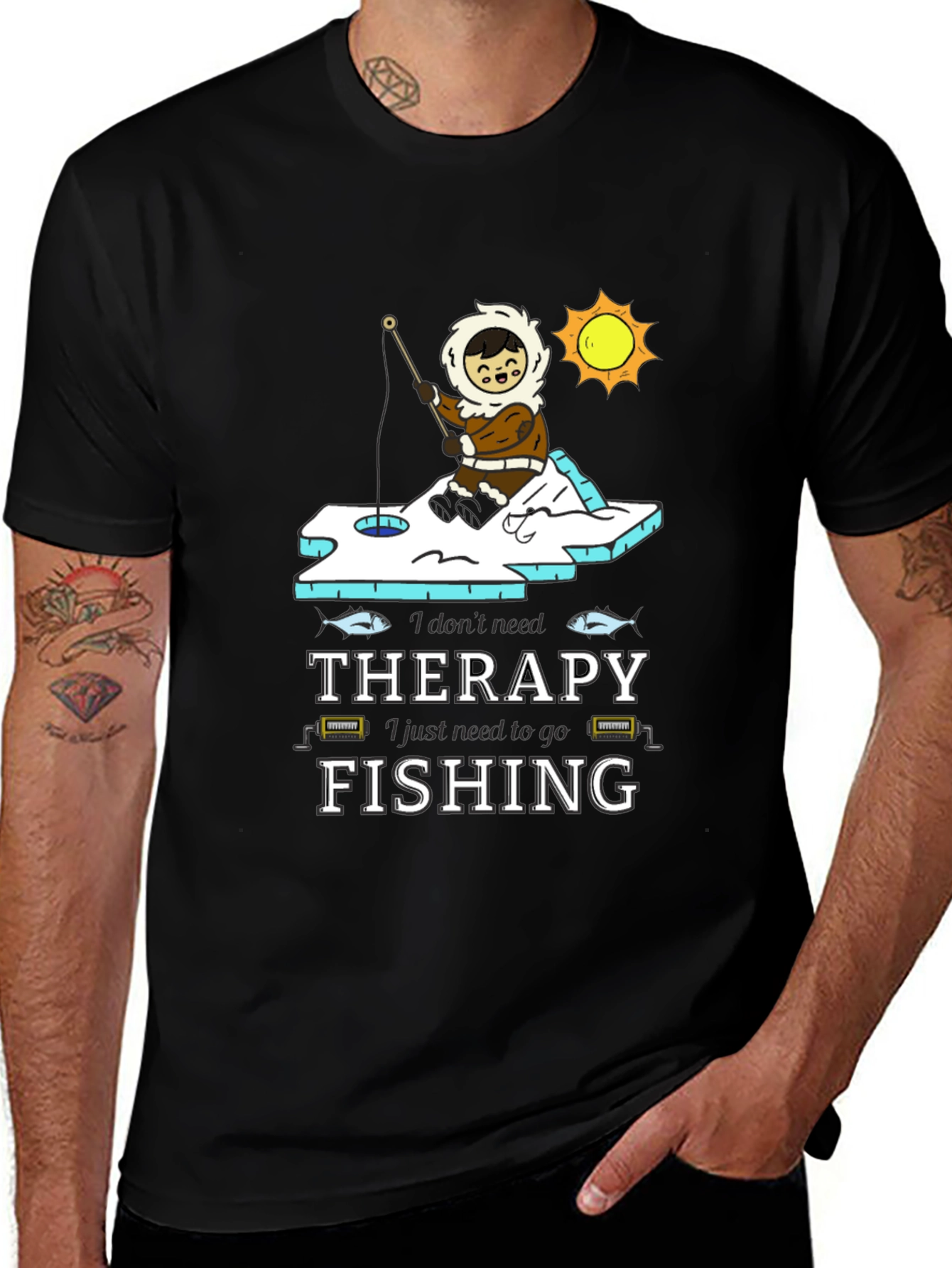 Variant 9 of Fishing Therapy T-Shirt - Black Crew Neck Tee