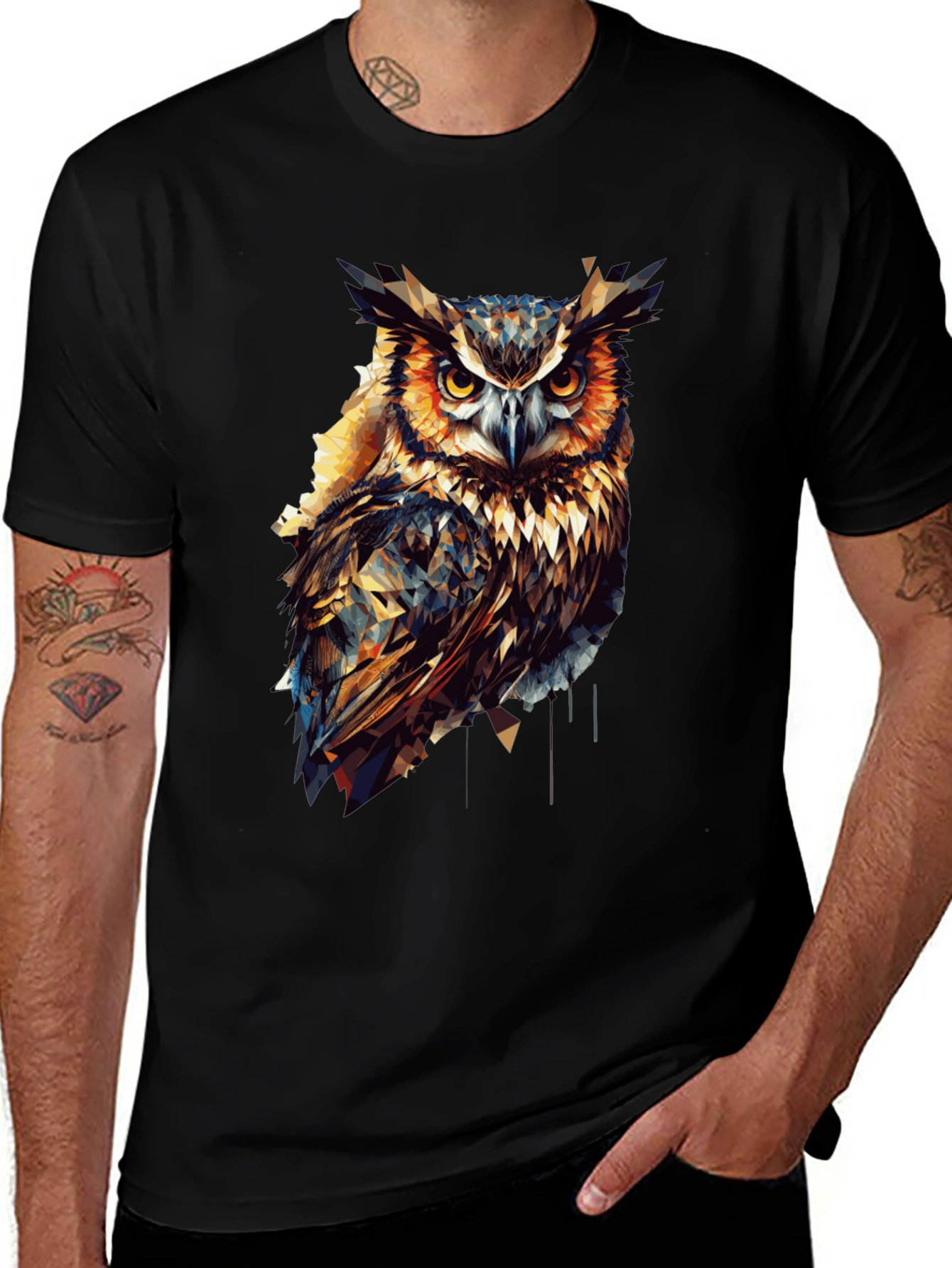 Variant 3 of Geometric Owl Graphic Print Black T-Shirt