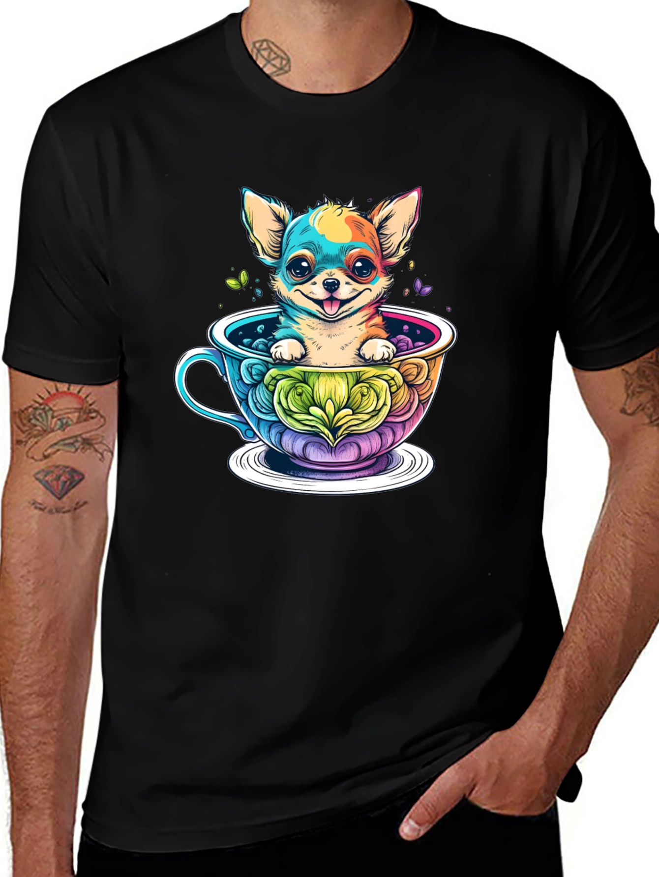 Black Chihuahua in Teacup Graphic Black T-Shirt main image