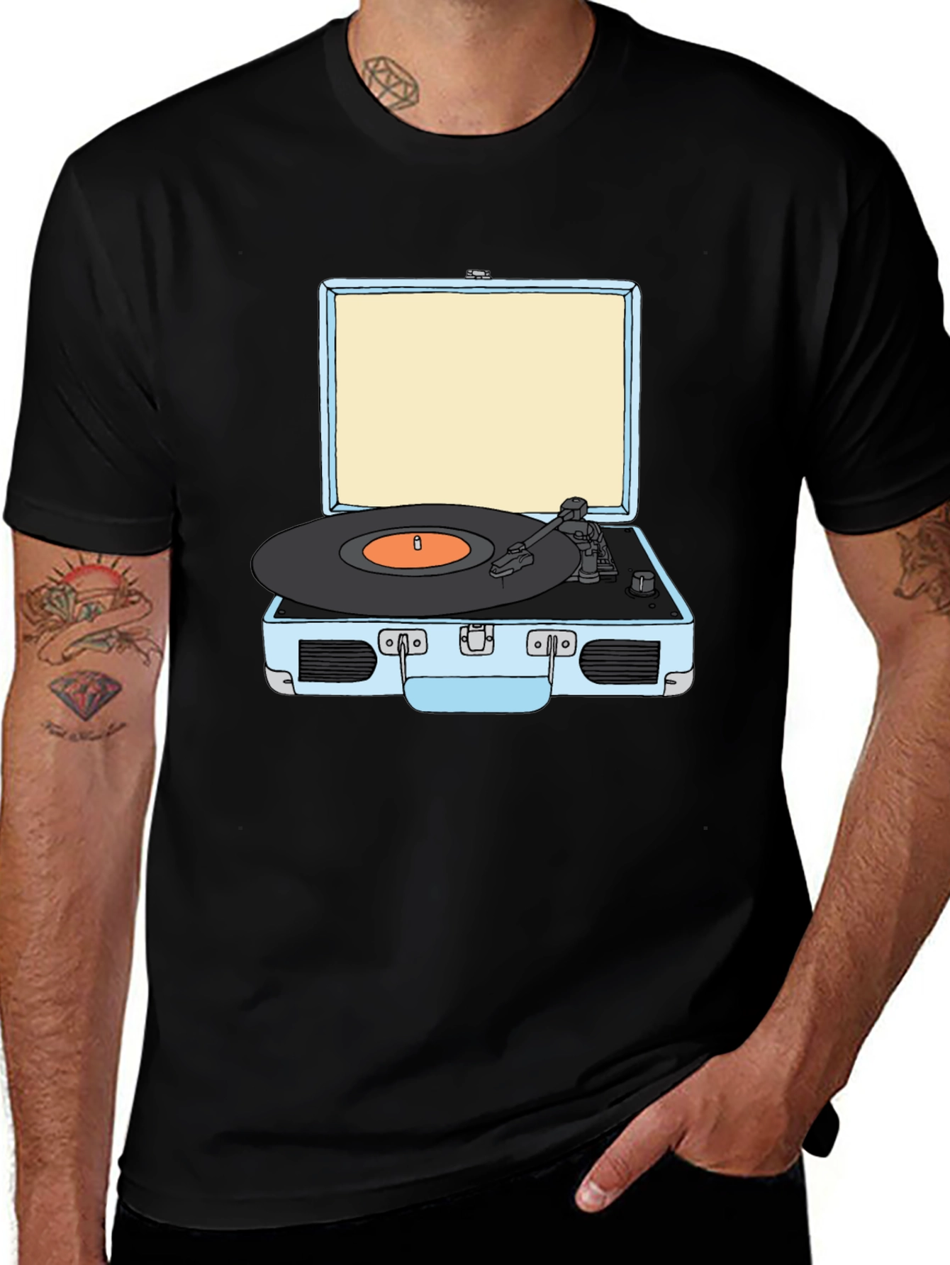 Retro Turntable Graphic Tee - Black Cotton T-Shirt