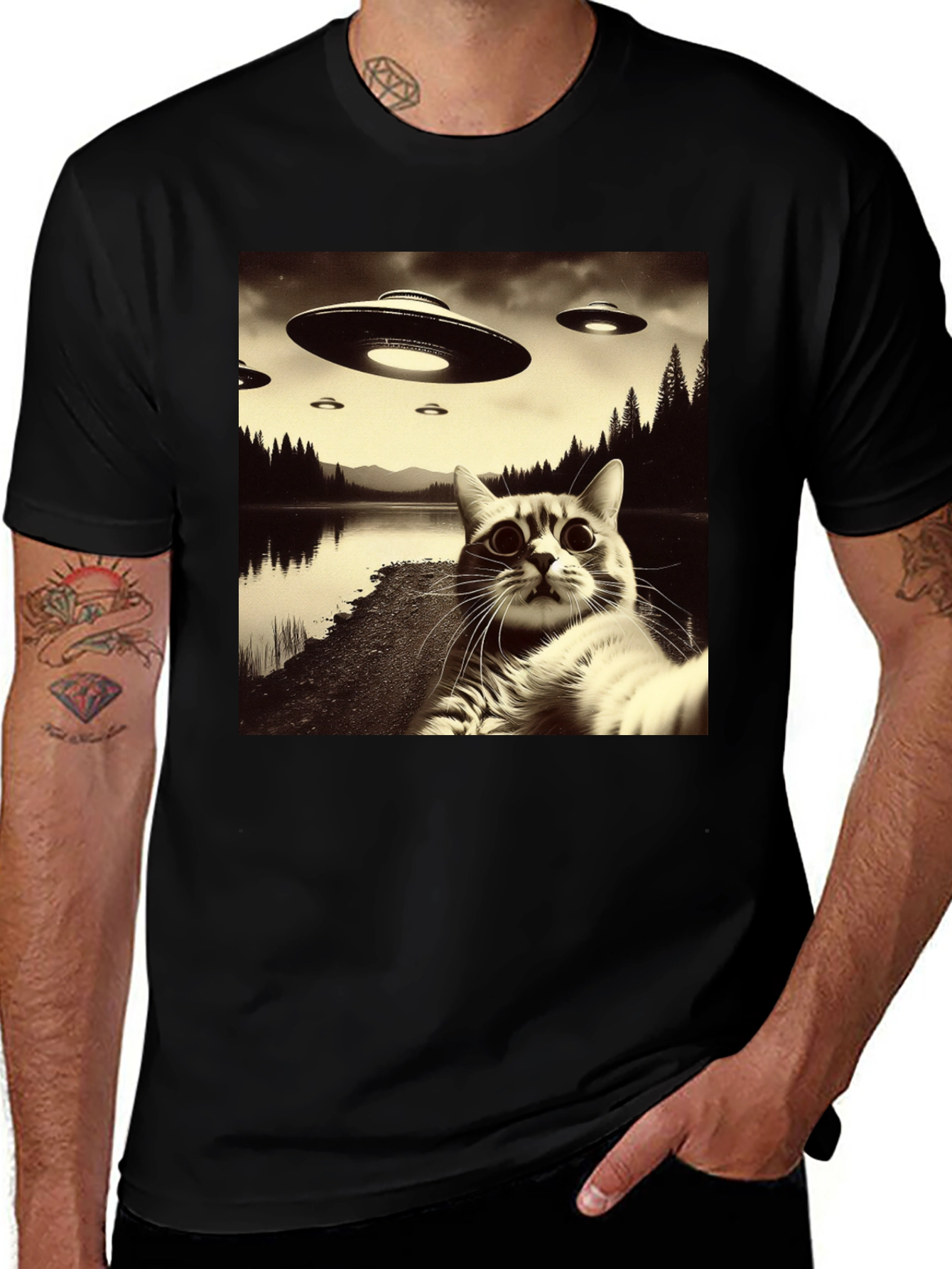 Variant 11 of UFO Cat Selfie Graphic Tee -  Black Cotton T-Shirt