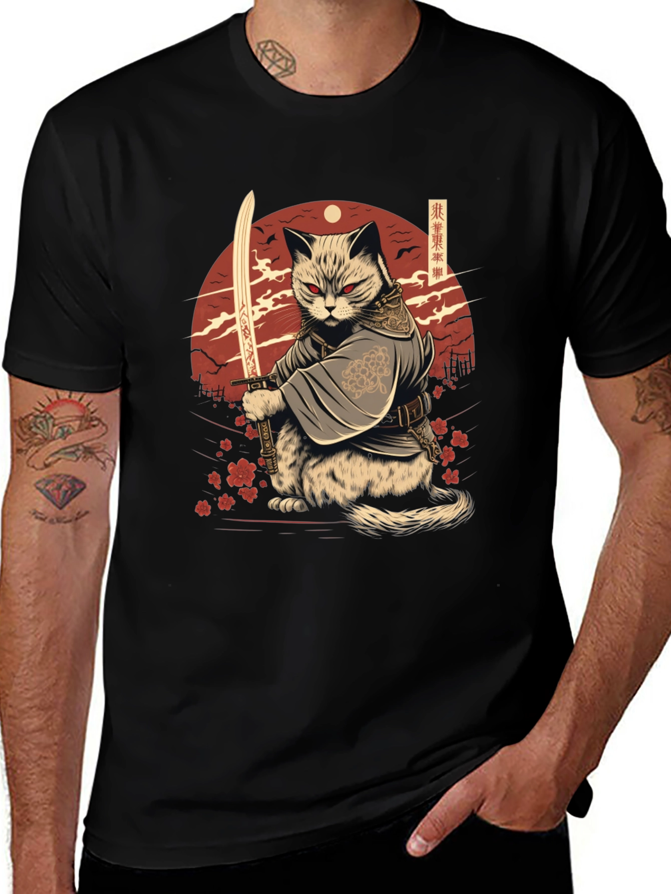 Samurai Cat T-Shirt - Japanese Warrior Kitten Tee