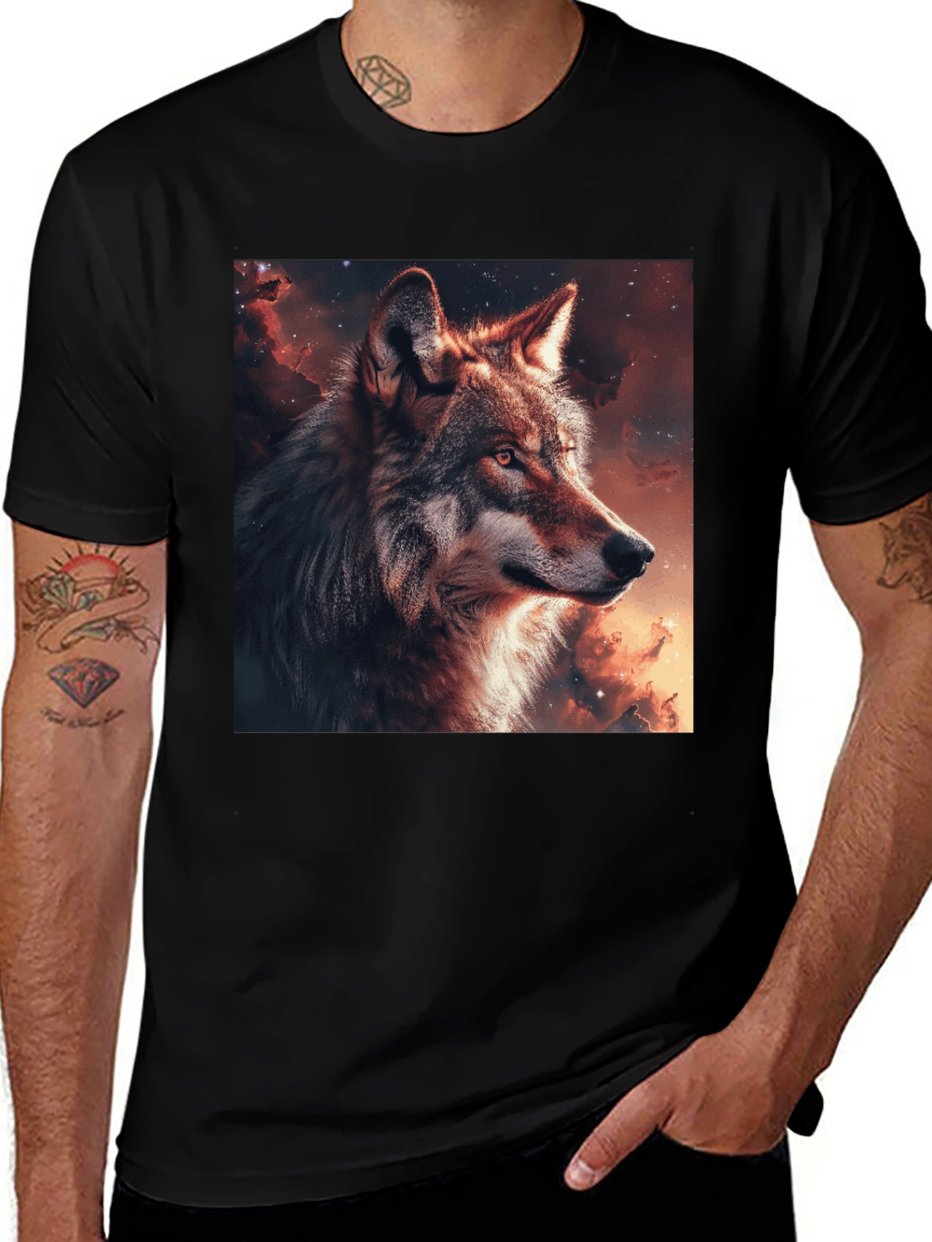 Black Wolf Galaxy Graphic T-Shirt - Men's Black Tee main image