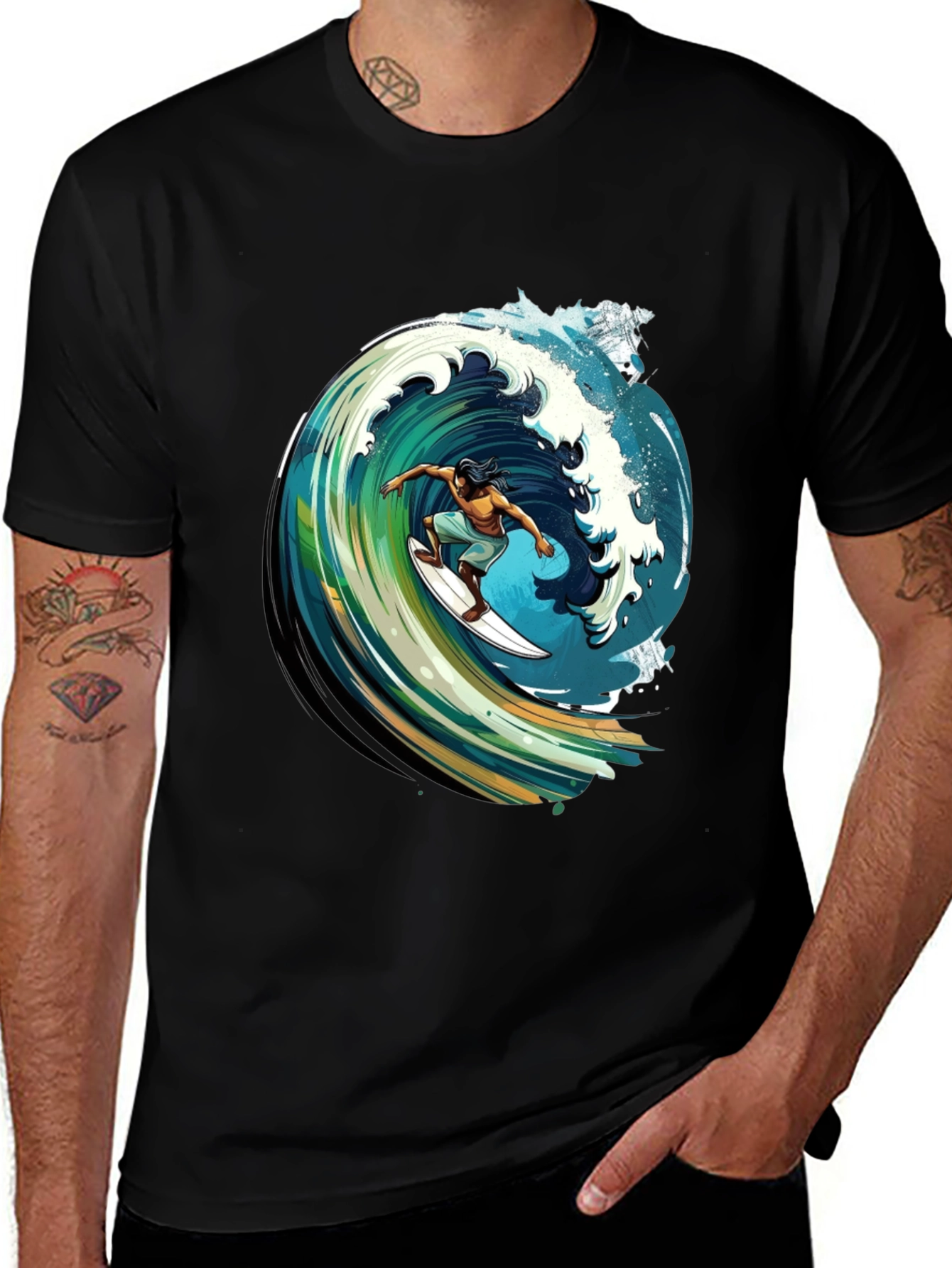 Variant 9 of Surfer Wave Graphic Tee - Black Cotton Comfort