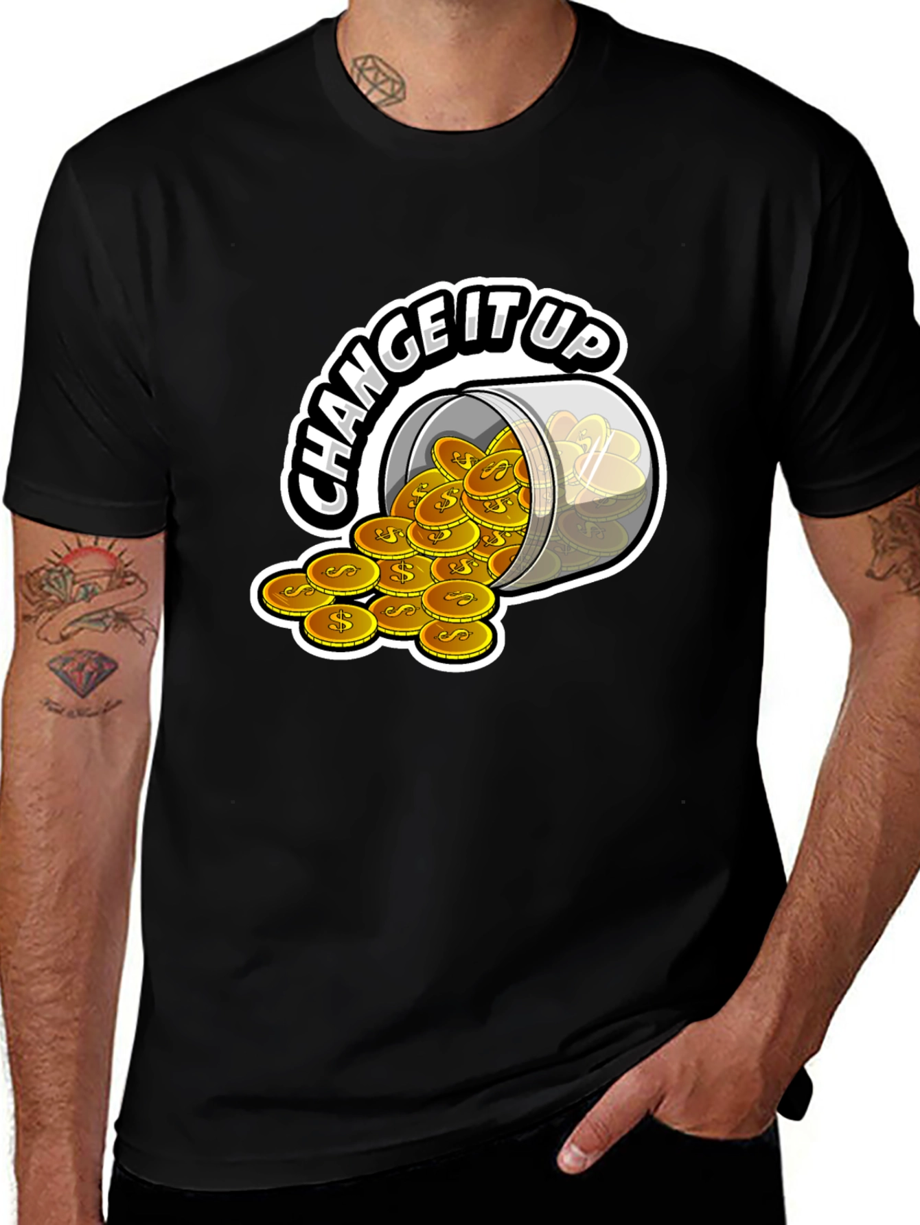 Variant 24 of Change It Up T-Shirt - Gold Coins in Glass Design