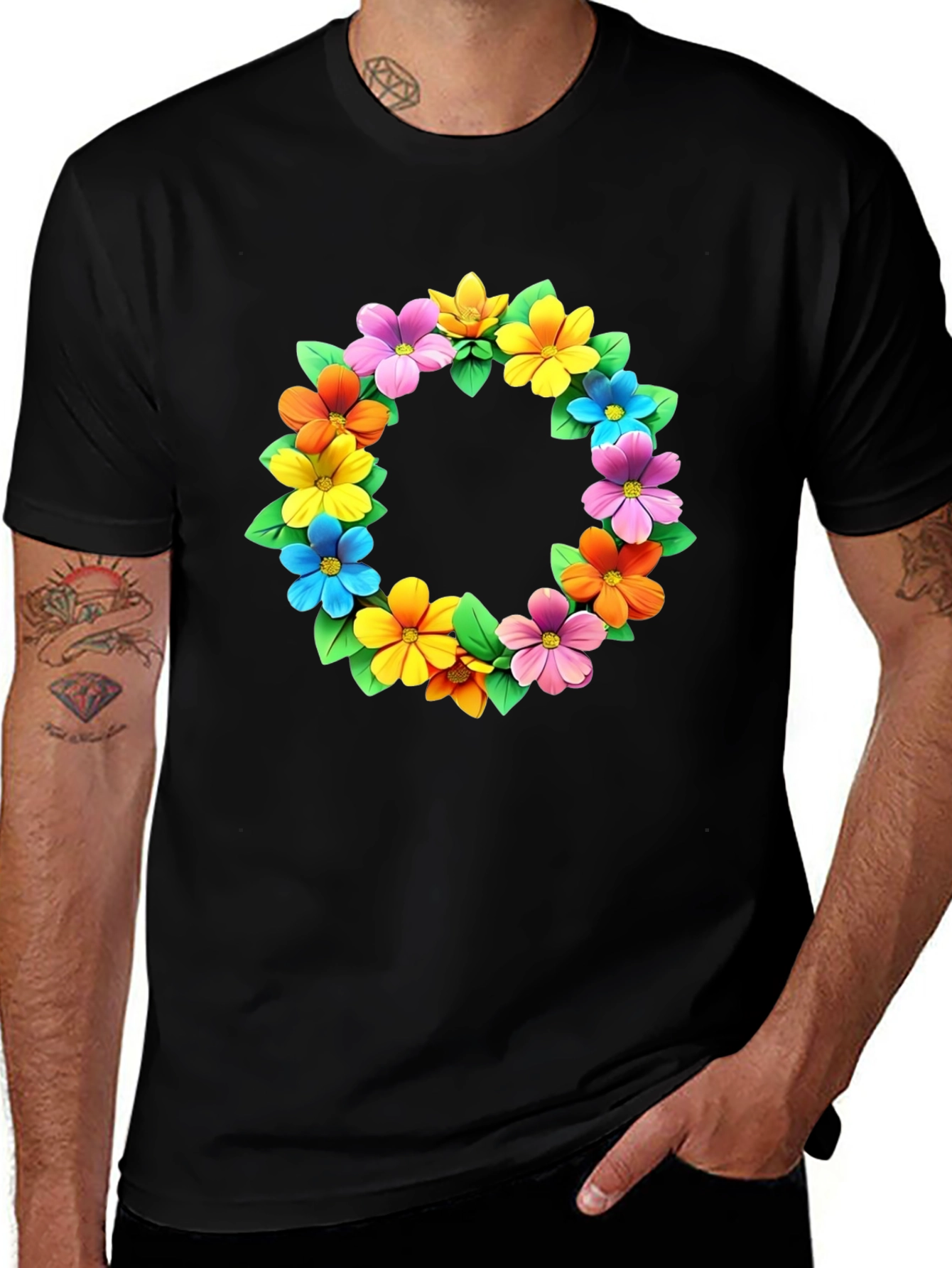 Variant 25 of Floral Wreath Graphic Tee - Colorful Flower Design Shirt