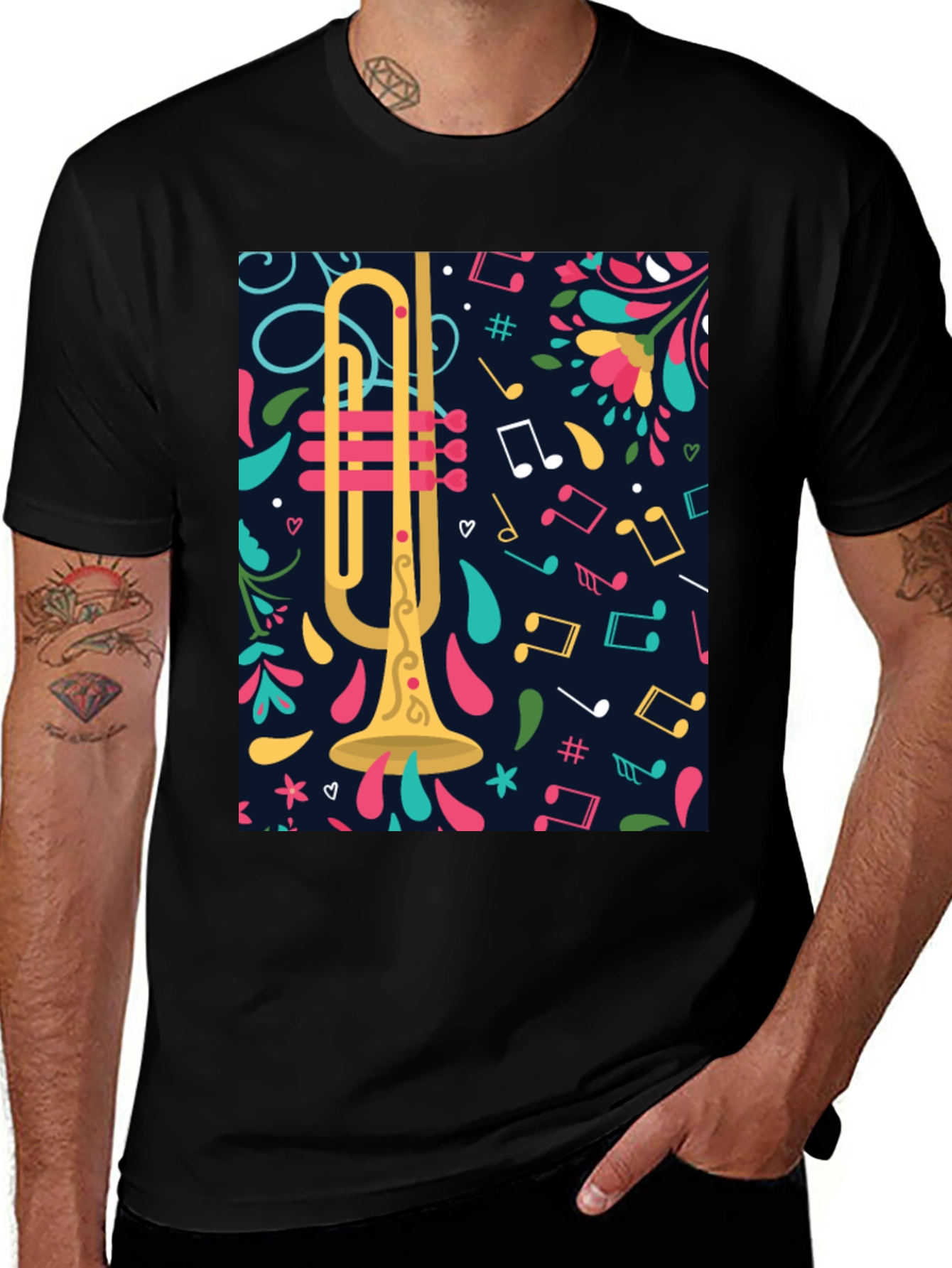 Variant 18 of Trumpet & Music Notes Graphic Tee - Black