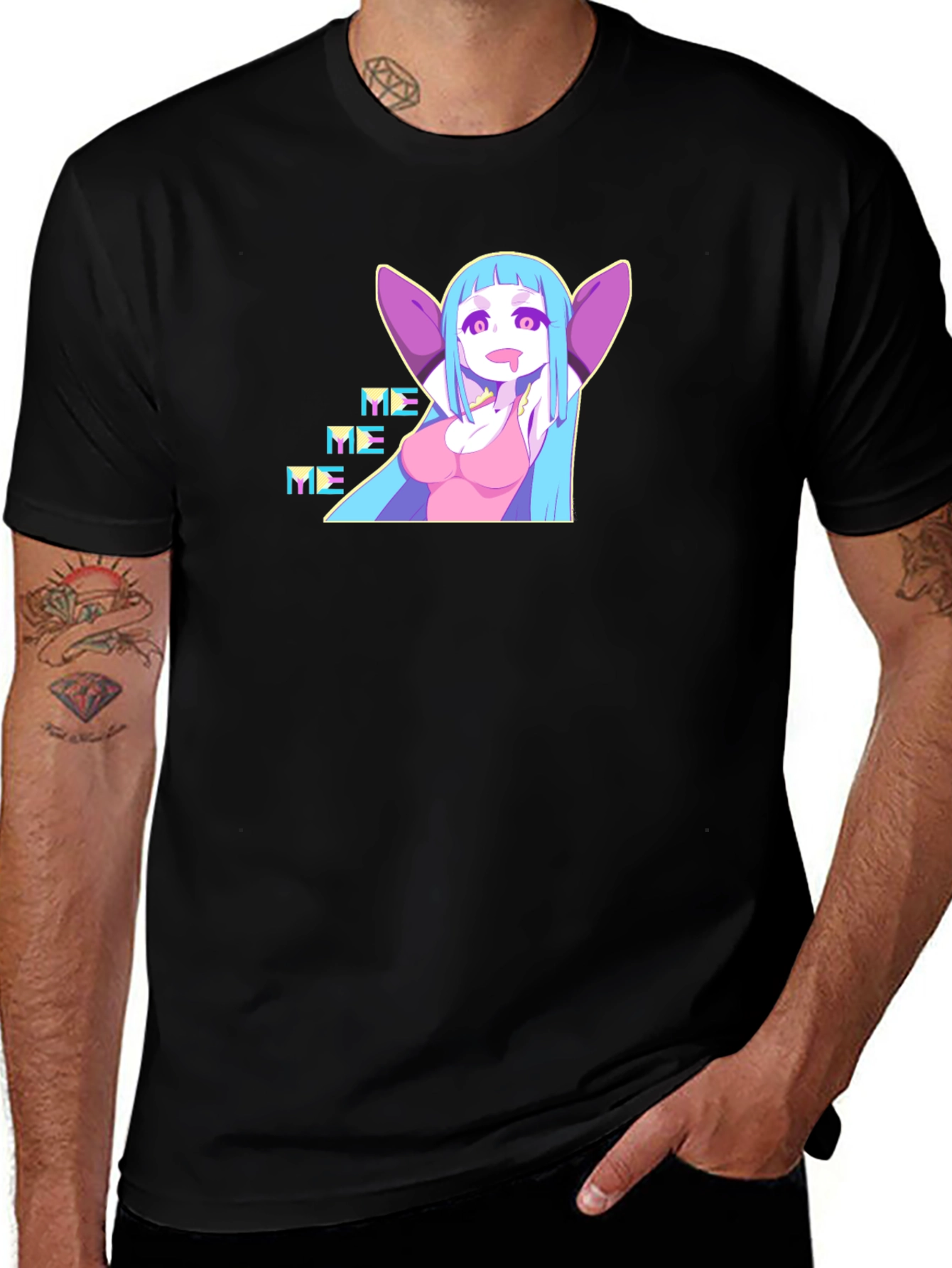 Variant 15 of Anime Girl Graphic Black T-Shirt - 'Me Me Me!' Design