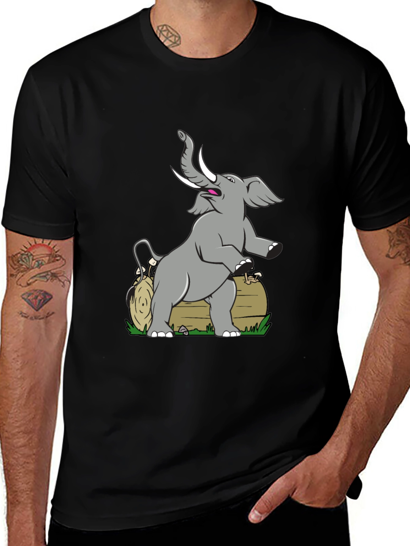 Elephant & Log Graphic Black T-Shirt