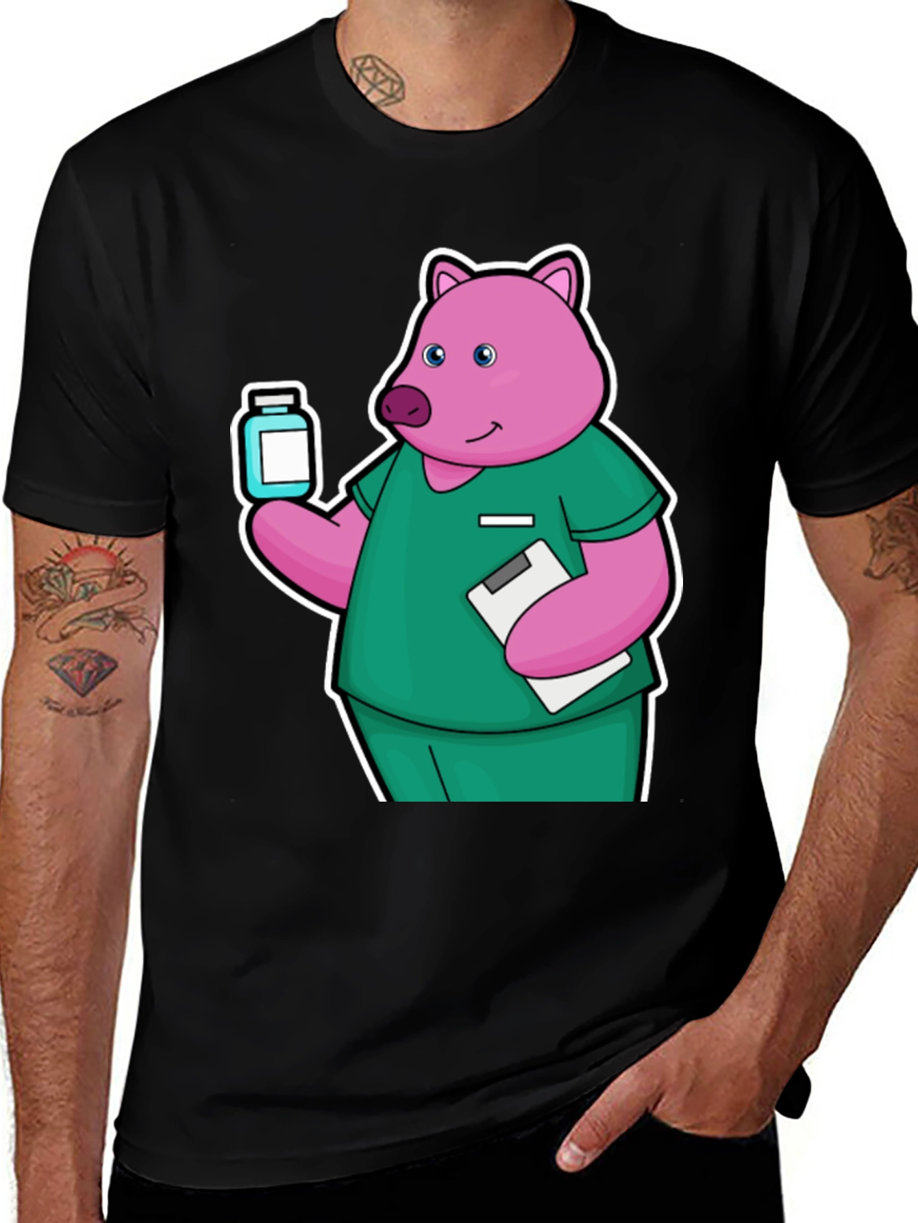 Nurse Pig Cartoon Graphic T-Shirt