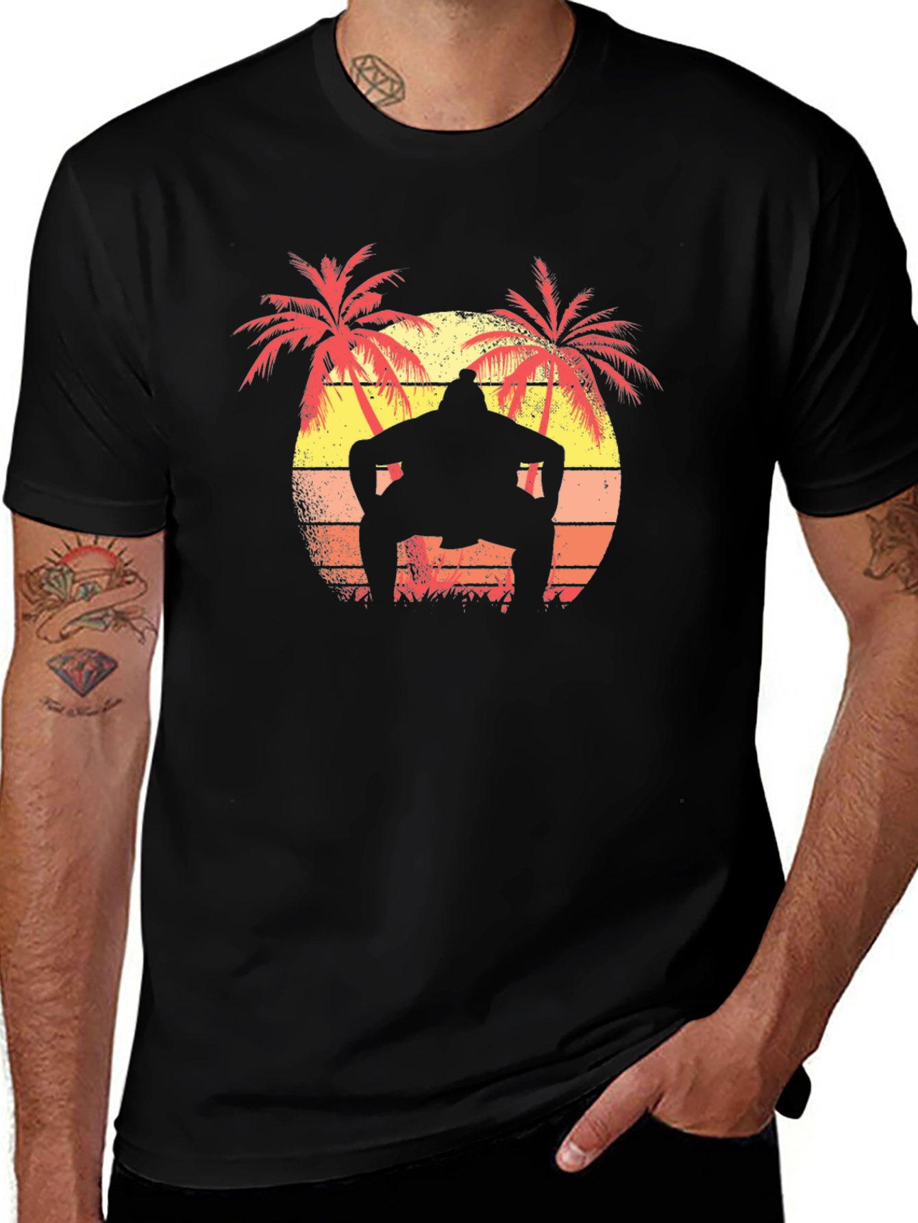 Retro Sumo Wrestler Palm Tree Graphic T-Shirt