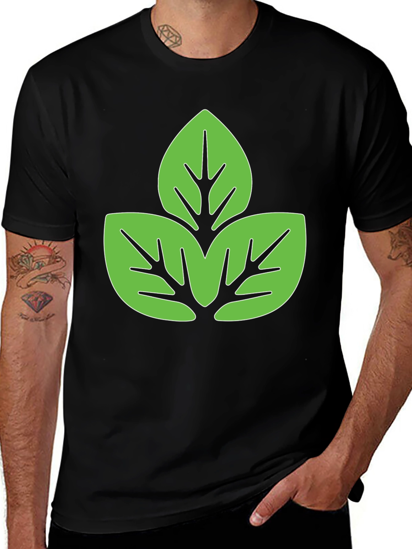 Variant 7 of Green Leaf Design Black T-Shirt
