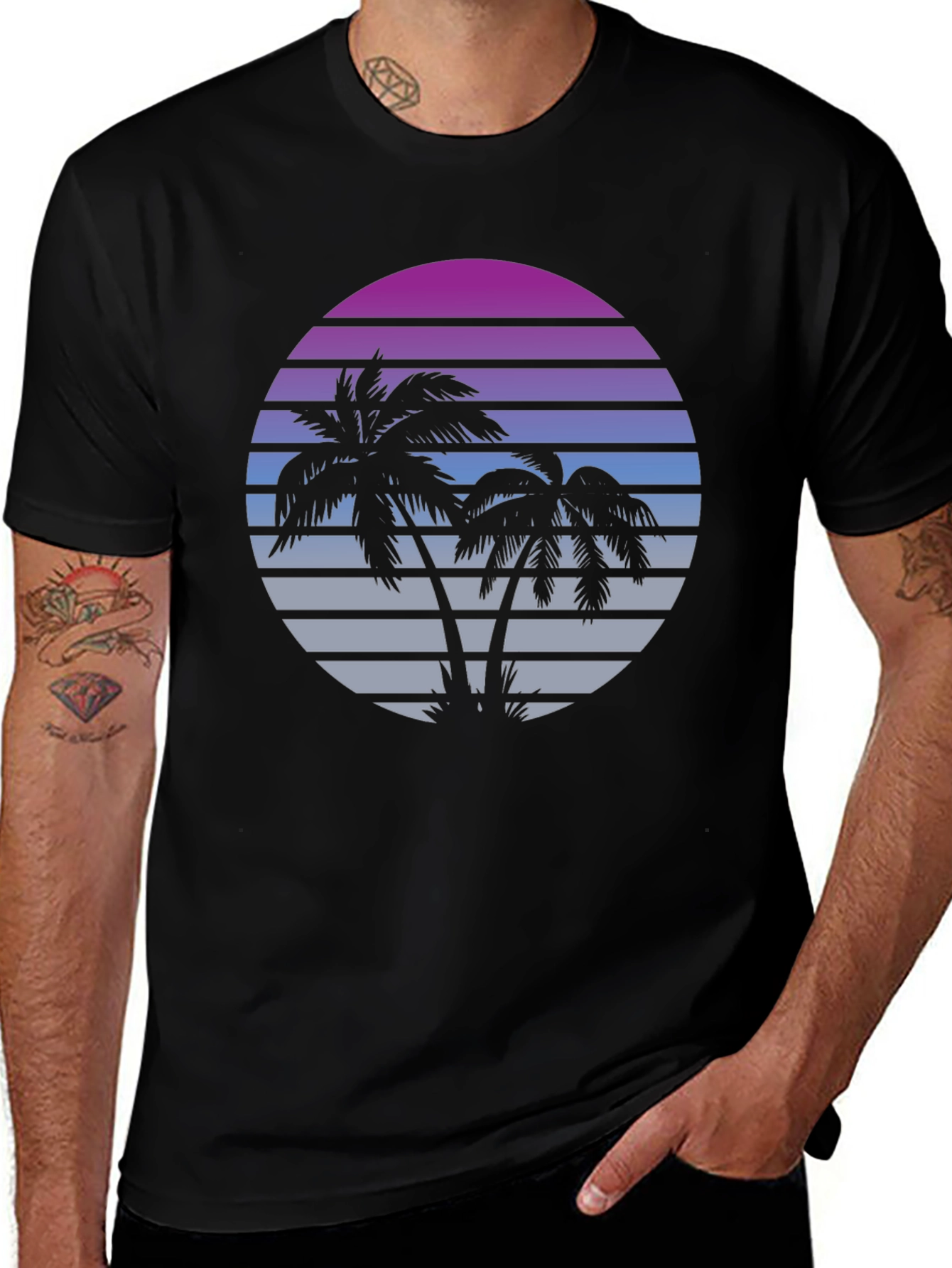 Variant 13 of Retro Palm Tree Sunset Graphic Tee - Black