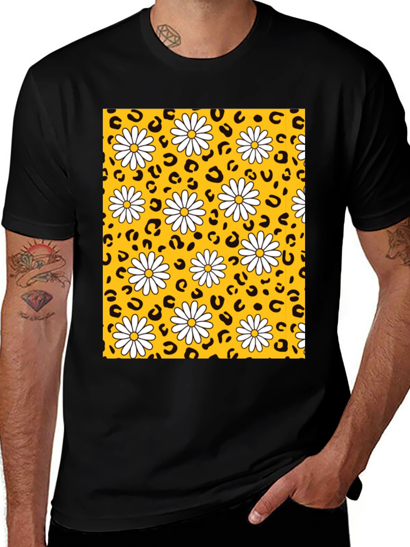 Daisy Leopard Print Black Tee