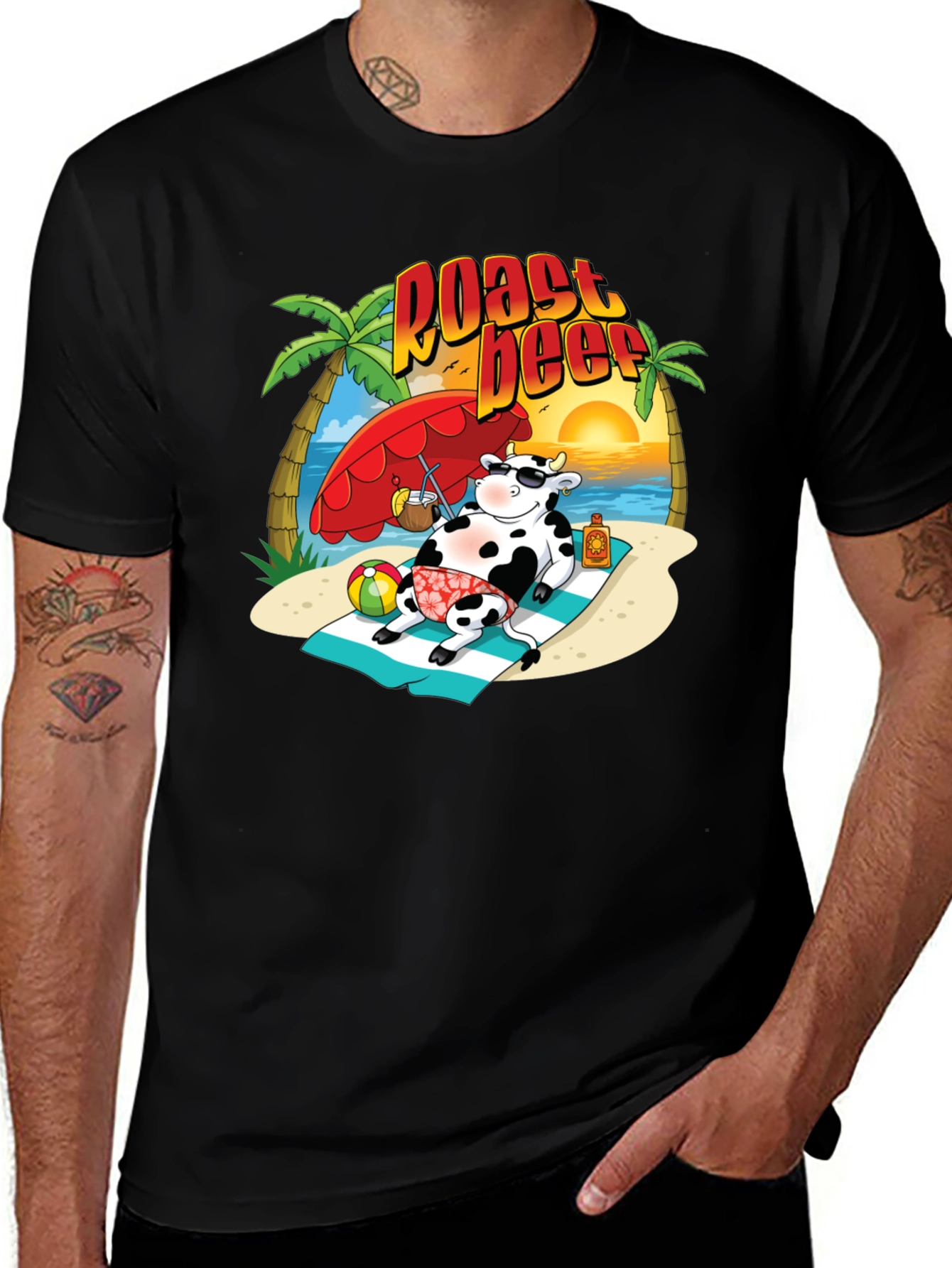 Black Roast Beef Beach Cow Graphic T-Shirt main image