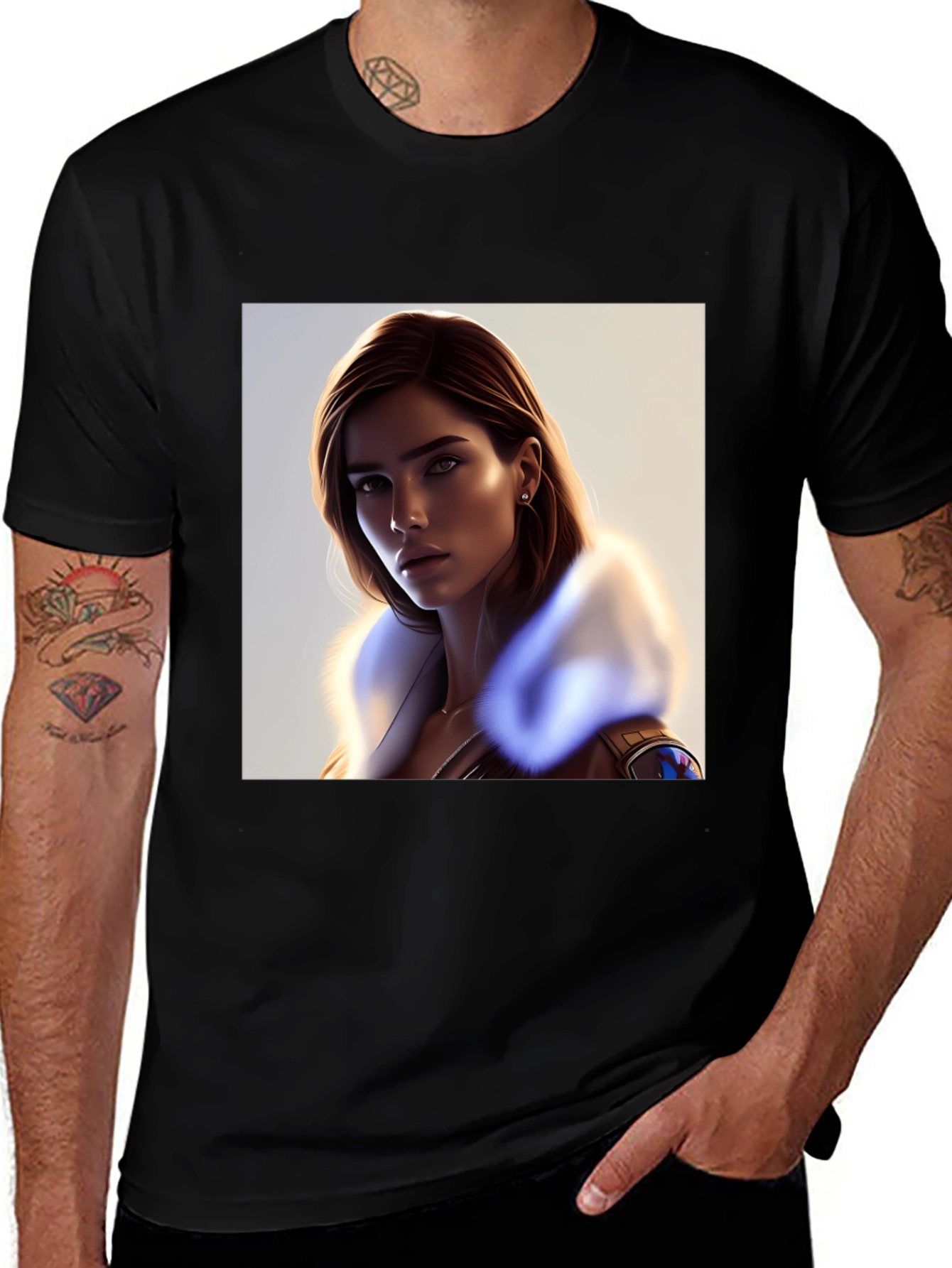 Stylish Black T-Shirt with Woman Portrait