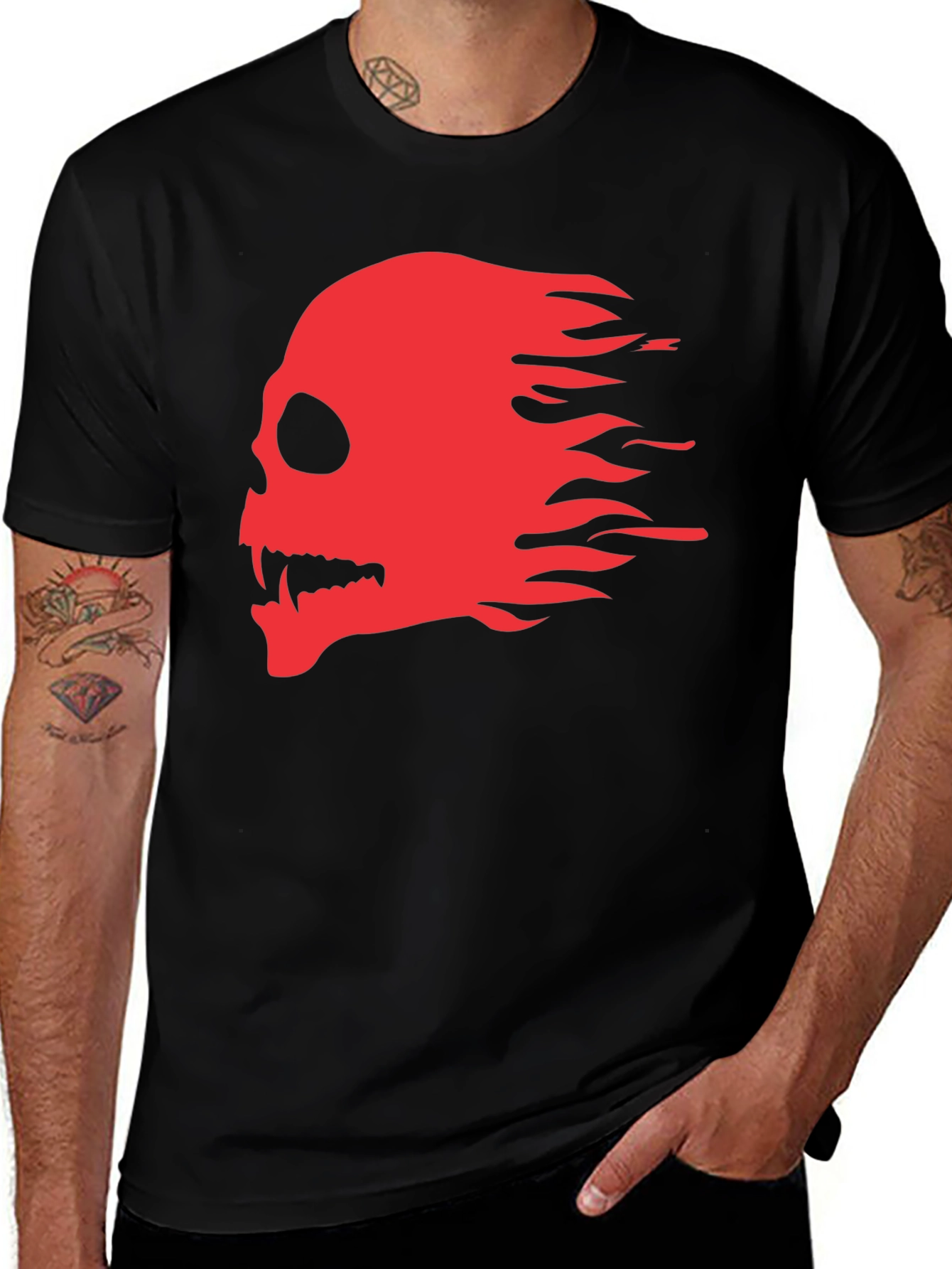 Variant 7 of Black T-Shirt with Red Flaming Skull Graphic