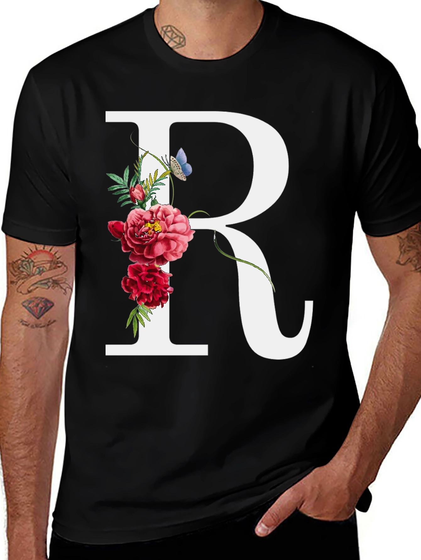 Variant 6 of Floral Initial "R" Black T-Shirt