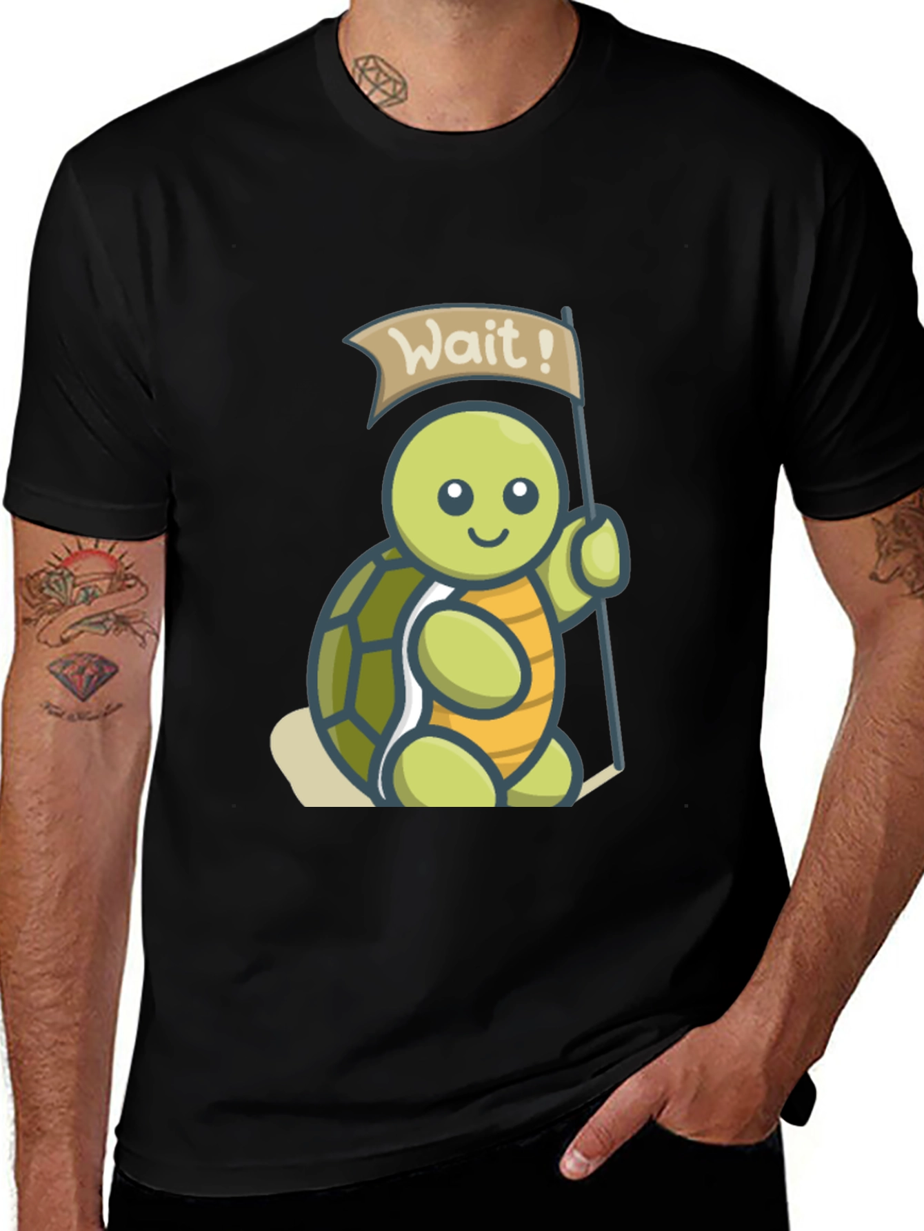 Variant 21 of Cute Turtle "Wait!" Graphic Black T-Shirt