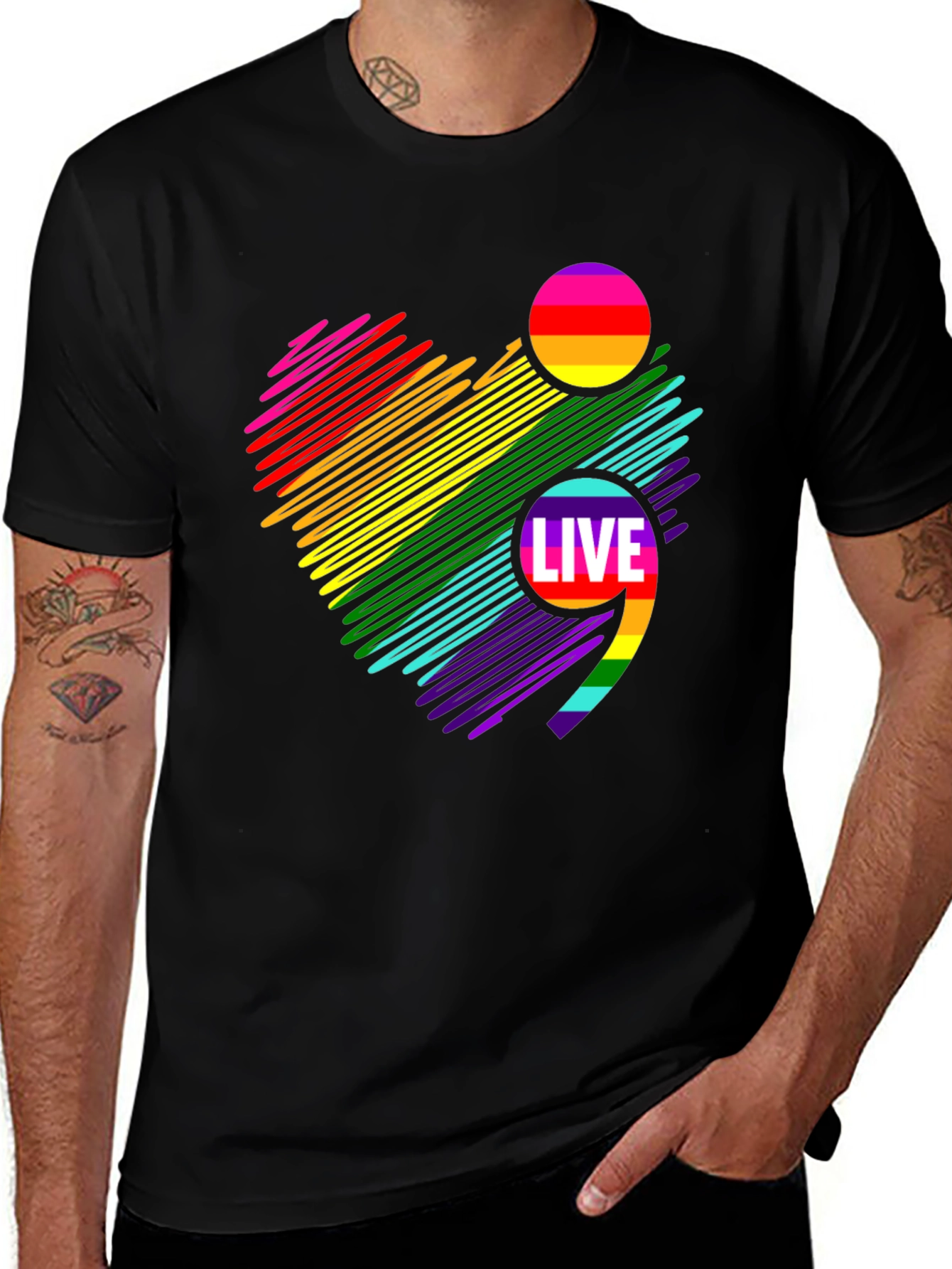 Live Semicolon Rainbow Heart Black T-Shirt