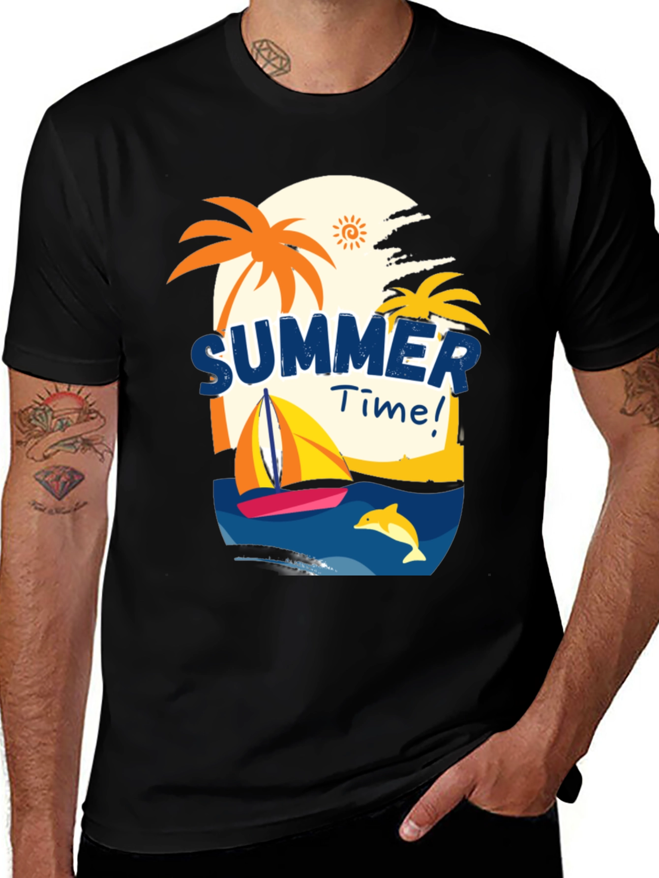Variant 6 of Summer Time Beach Graphic Tee - Black Cotton