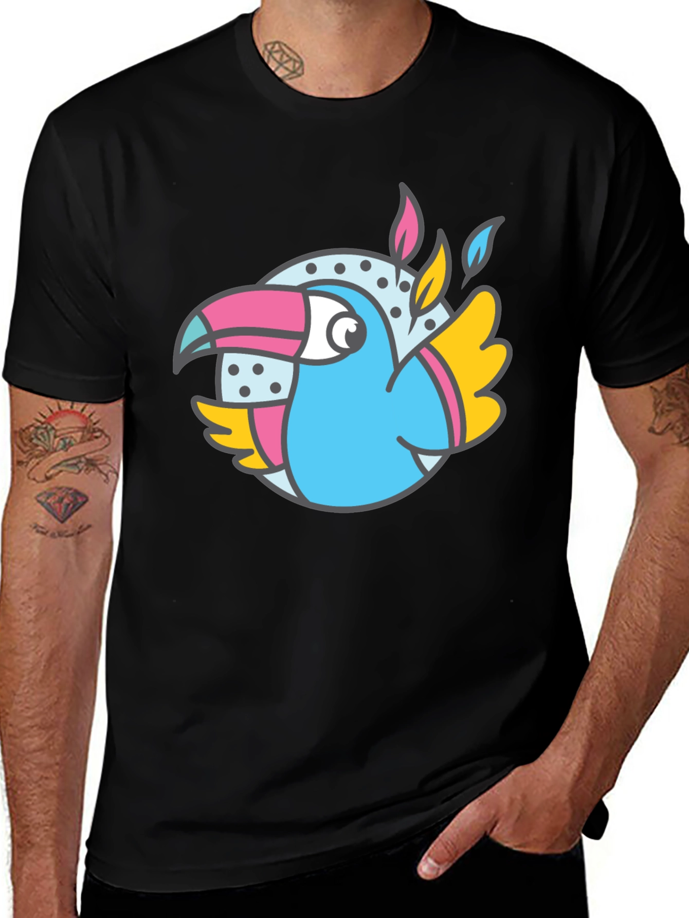 Variant 10 of Toucan Cartoon Graphic Tee - Black Cotton Blend Shirt