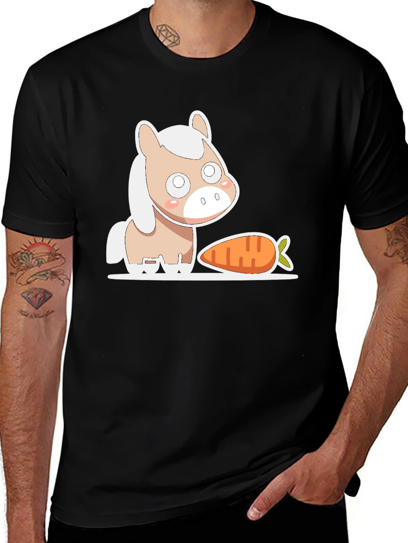 Black Cute Horse and Carrot Graphic Tee main image