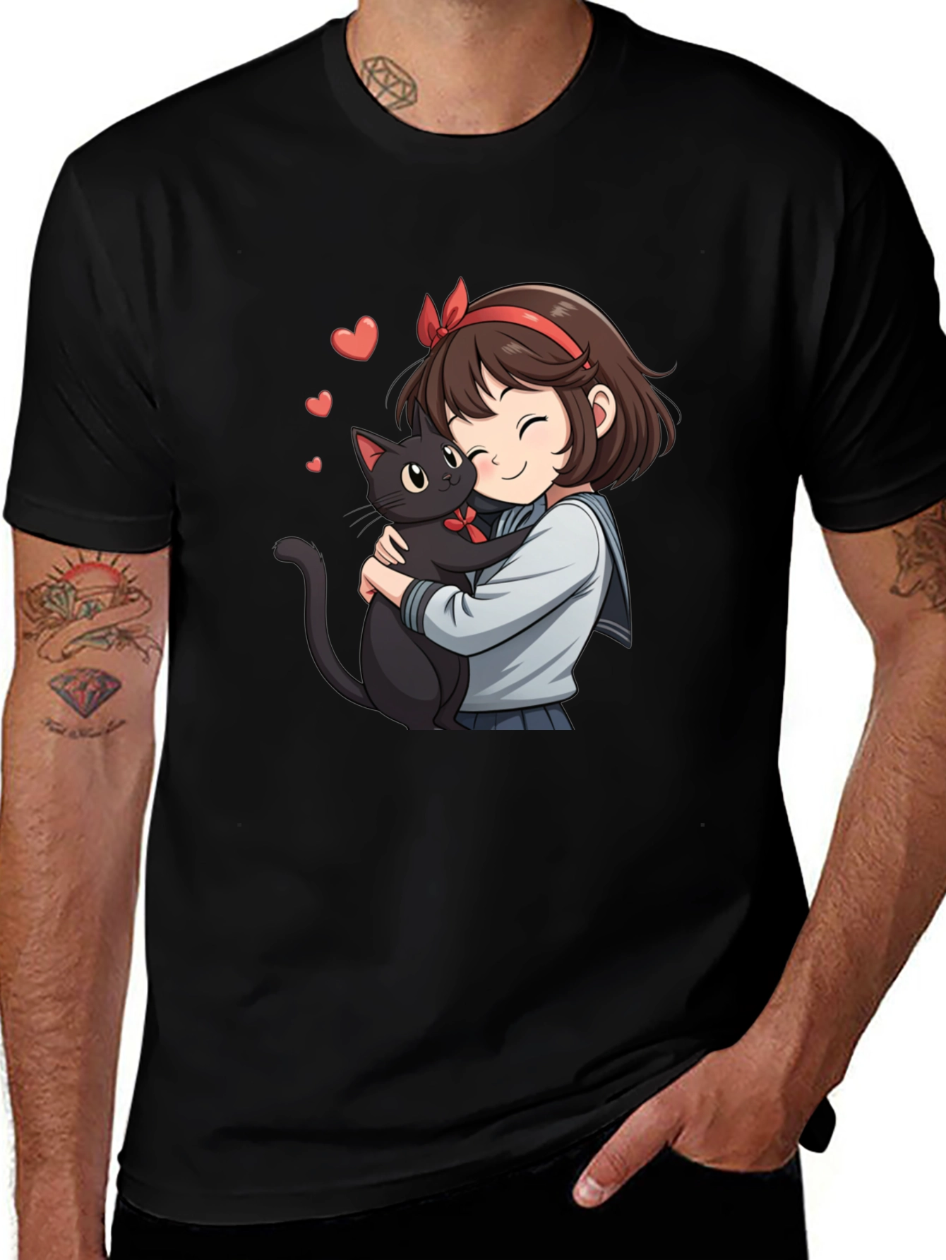 Variant 23 of Anime Girl & Cat Graphic Tee - Black Cotton T-Shirt