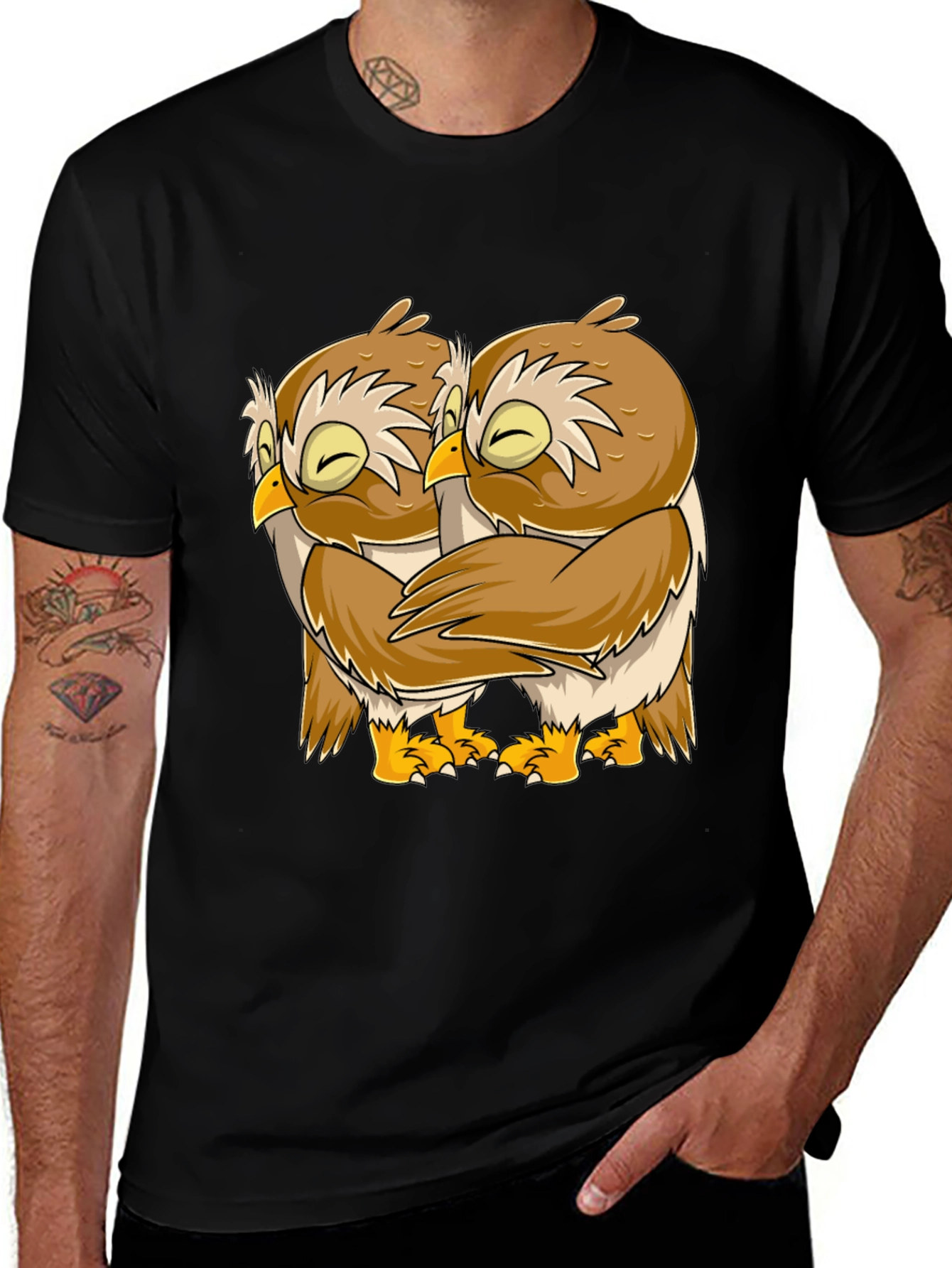 Variant 2 of Owl Hug Graphic Tee - Black Cotton T-Shirt