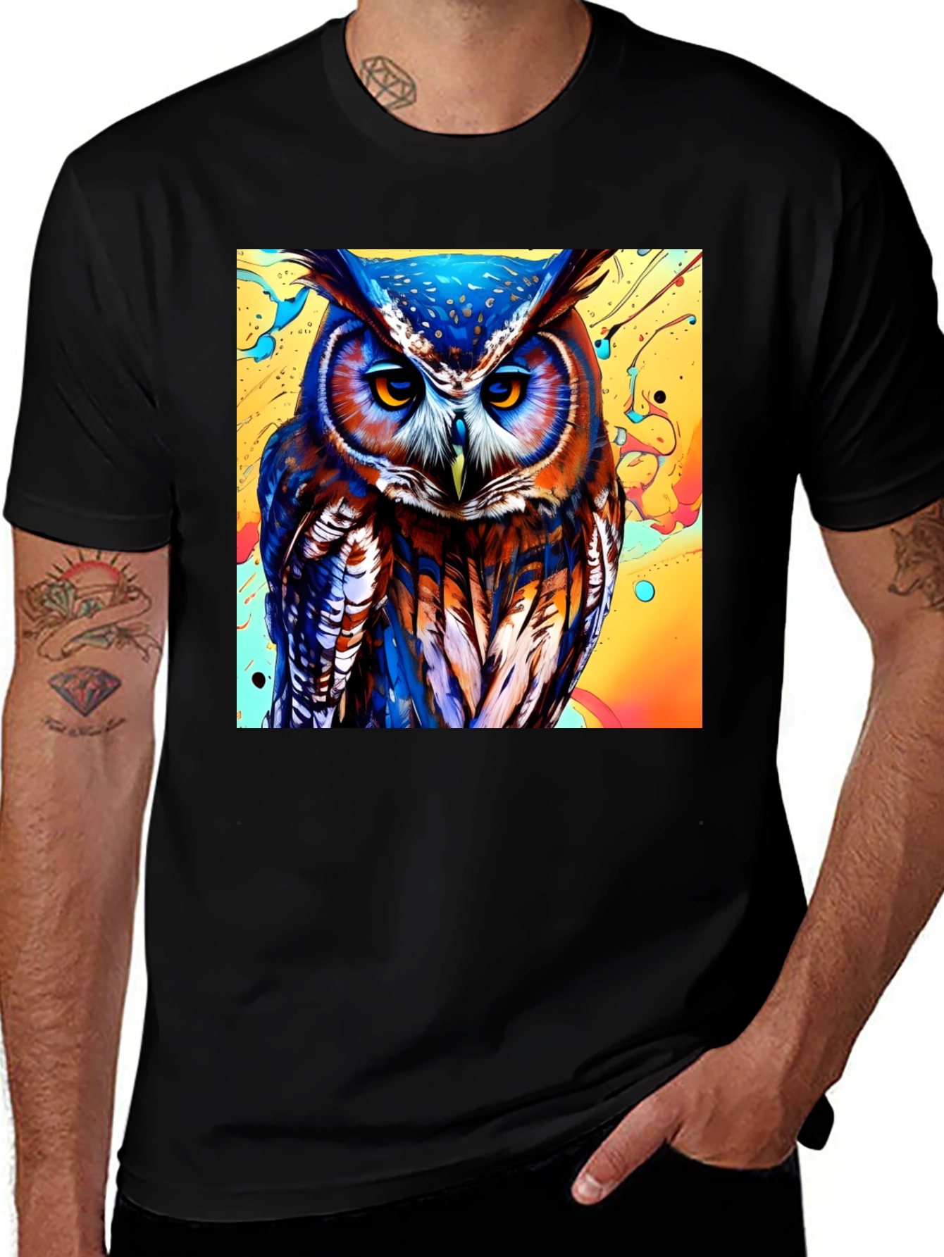 Variant 30 of Colorful Owl Graphic Print Black T-Shirt