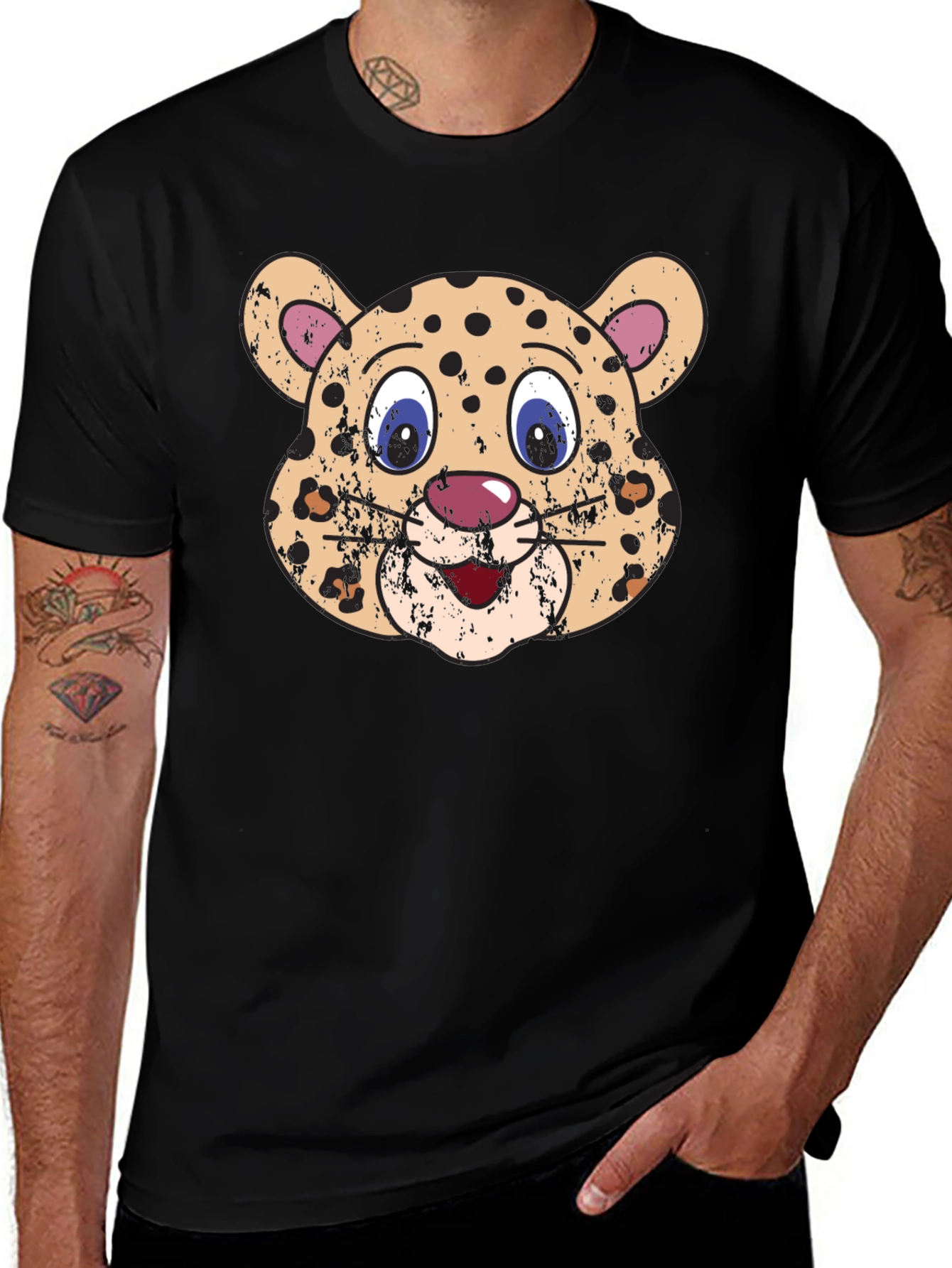 Variant 30 of Leopard Face Graphic Tee - Black Cotton Shirt